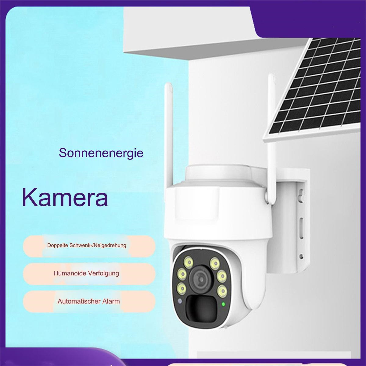 Weiße Überwachungskamera mit Solarpanel. Text zeigt Funktionen wie Bewegungserkennung und Alarm.