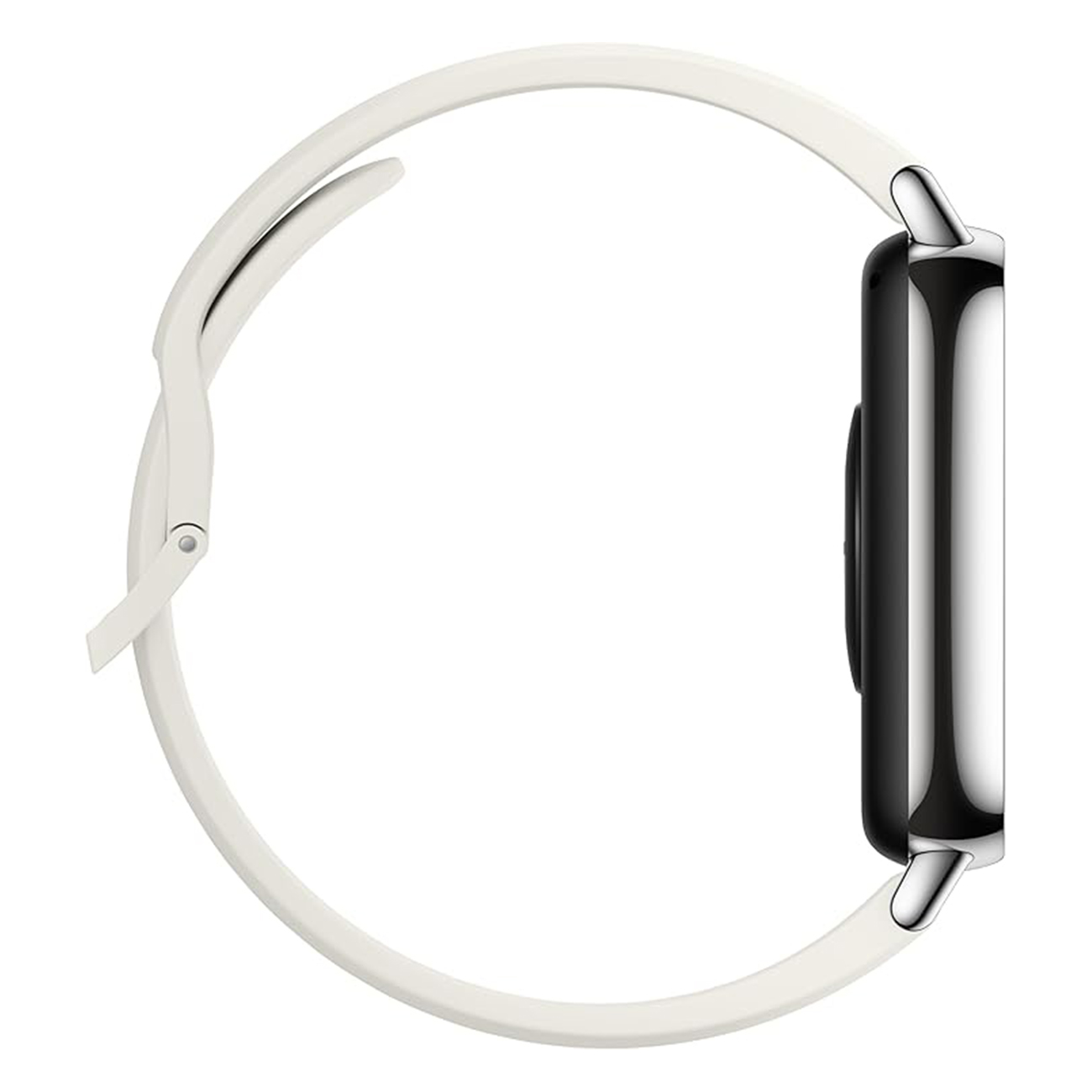 Vue latérale d'une smartwatch. La montre est argentée avec un bracelet blanc. Le cadran est noir.