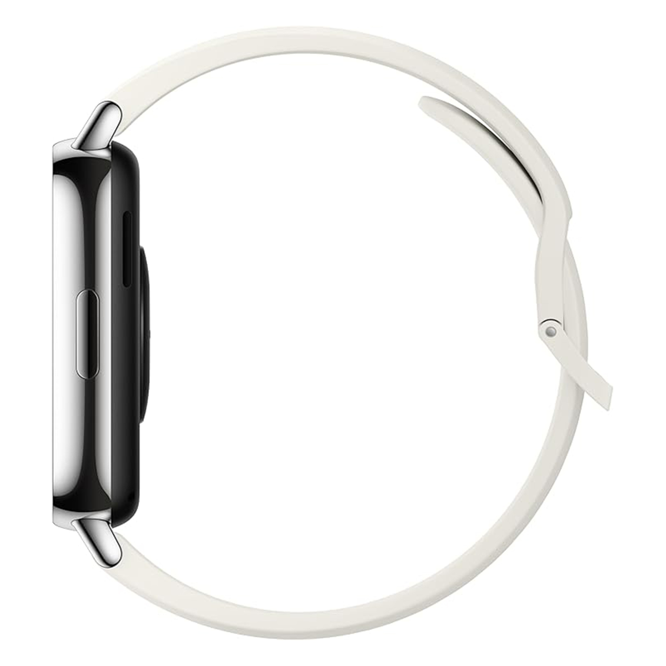 Vue latérale d'une montre intelligente argentée avec un bracelet blanc. Le fond est blanc.