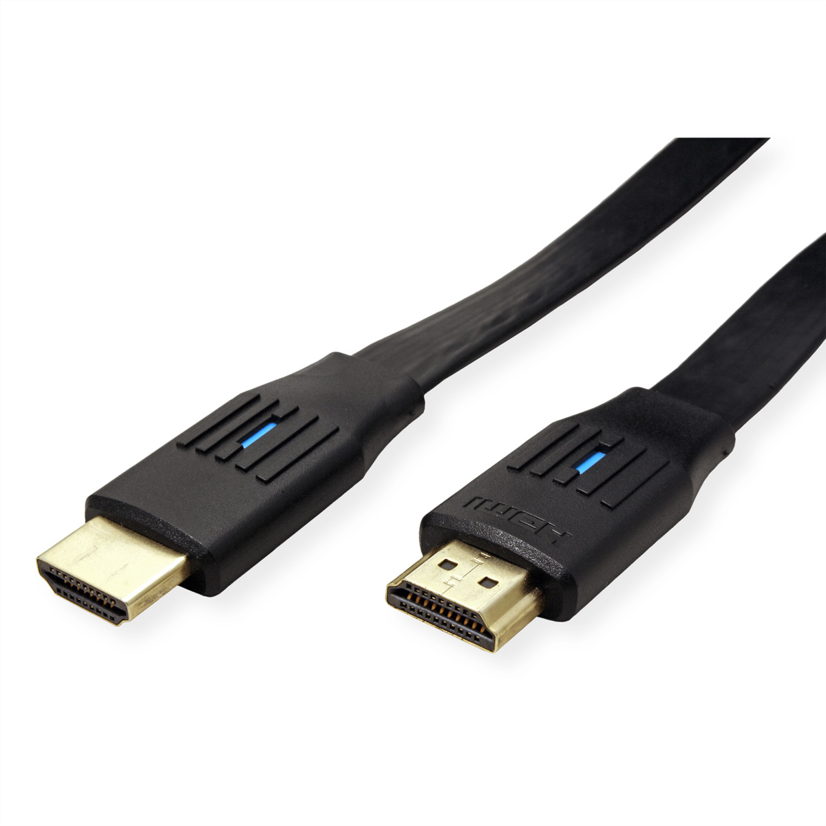 Twee zwarte HDMI-kabels. Eén heeft een blauwe lichtindicator op de connector.
