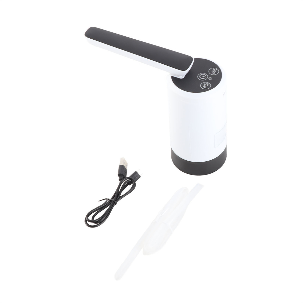 Weiß-schwarze Wasserpumpe mit USB-Kabel und kleinem weißen Schlauch auf weißer Oberfläche.