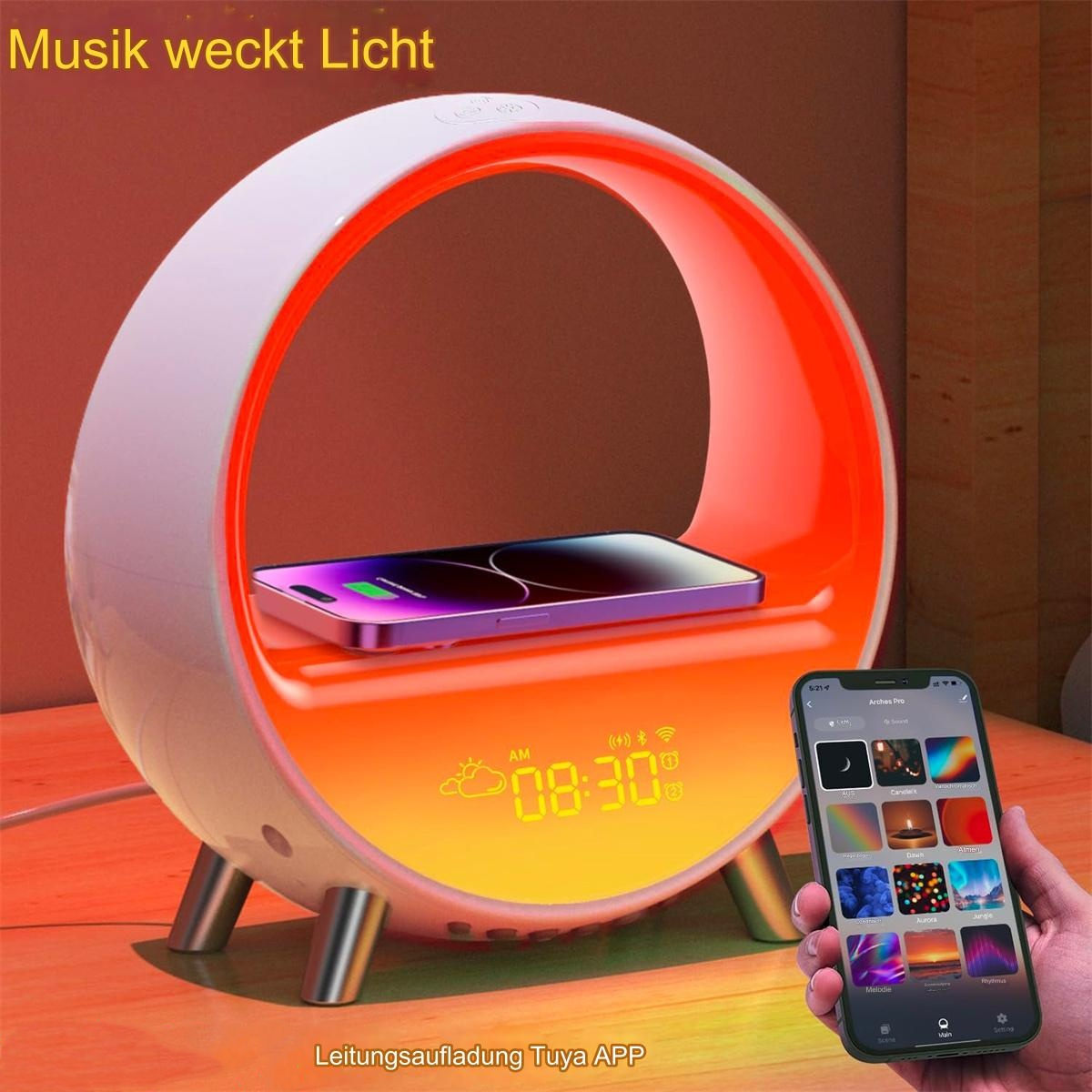 Eine Nachttischlampe mit einem Telefon, das oben aufgeladen wird. Die Lampe hat ein Display.