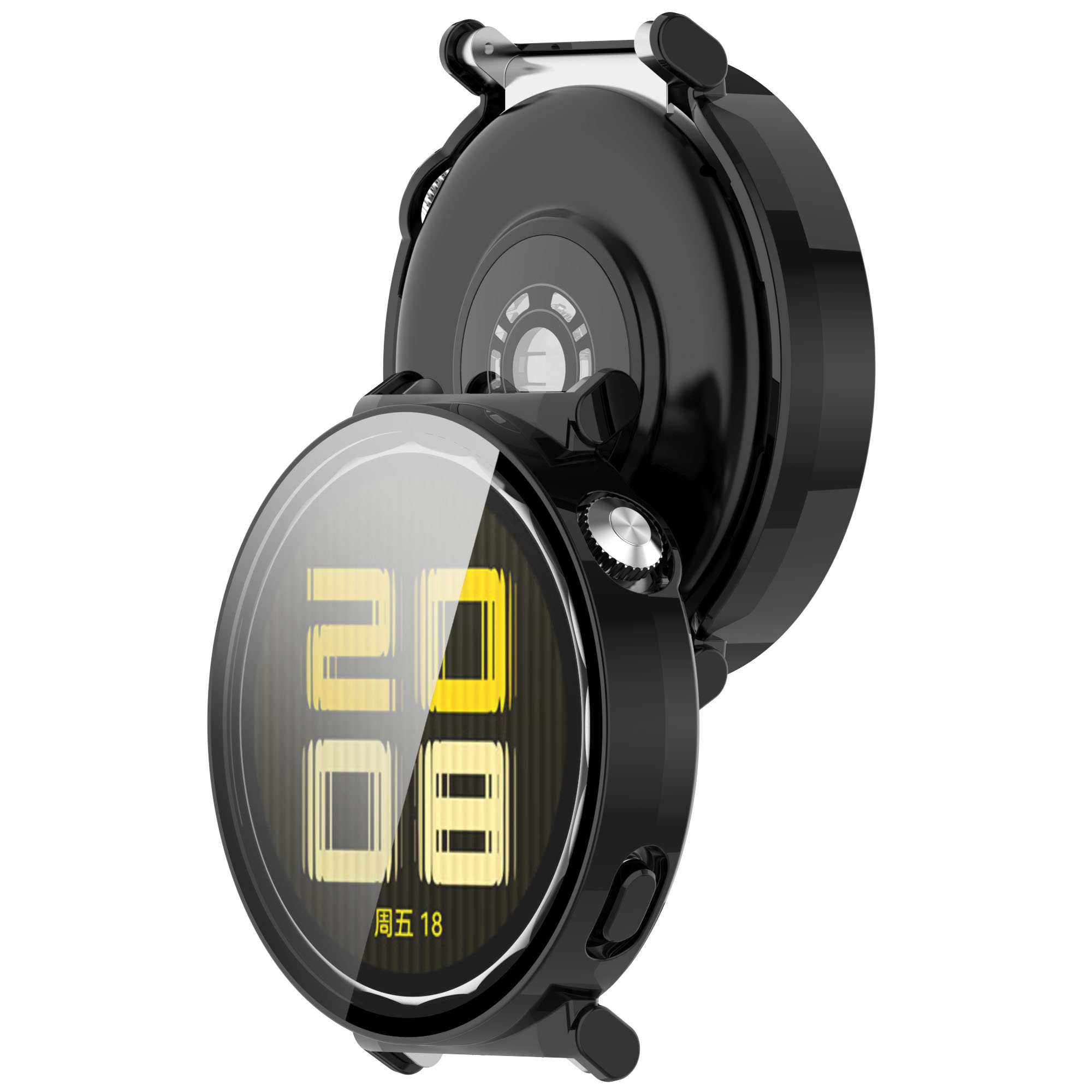 Schwarze Smartwatch mit digitaler Textanzeige. Die Uhr befindet sich auf weißem Hintergrund.