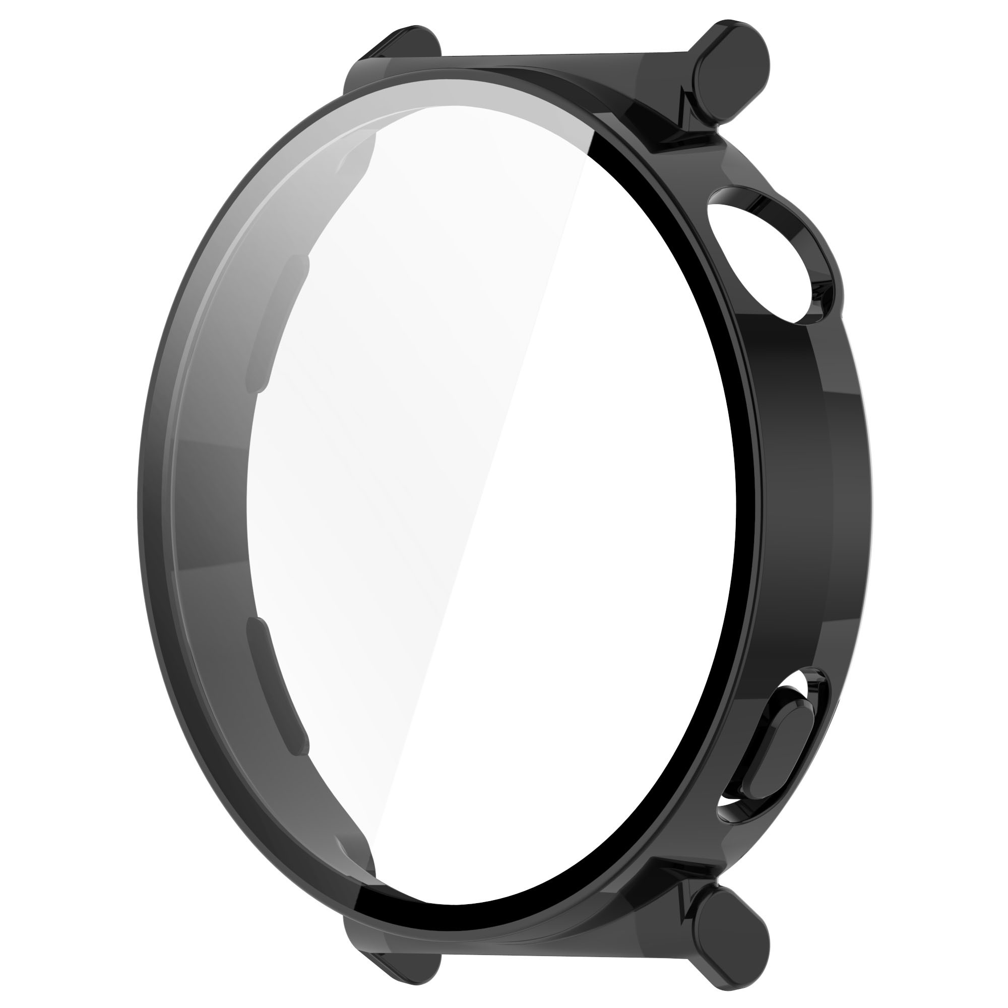 Schwarzes Uhrengehäuse für eine runde Smartwatch mit transparentem Displayschutz.