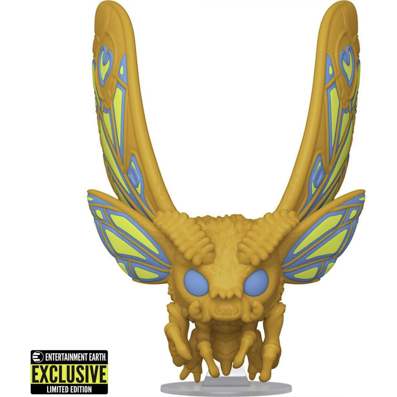 Eine Mothra-Figur mit orangefarbenen Flügeln und blauen Markierungen. Es ist ein Artikel in limitierter Auflage.