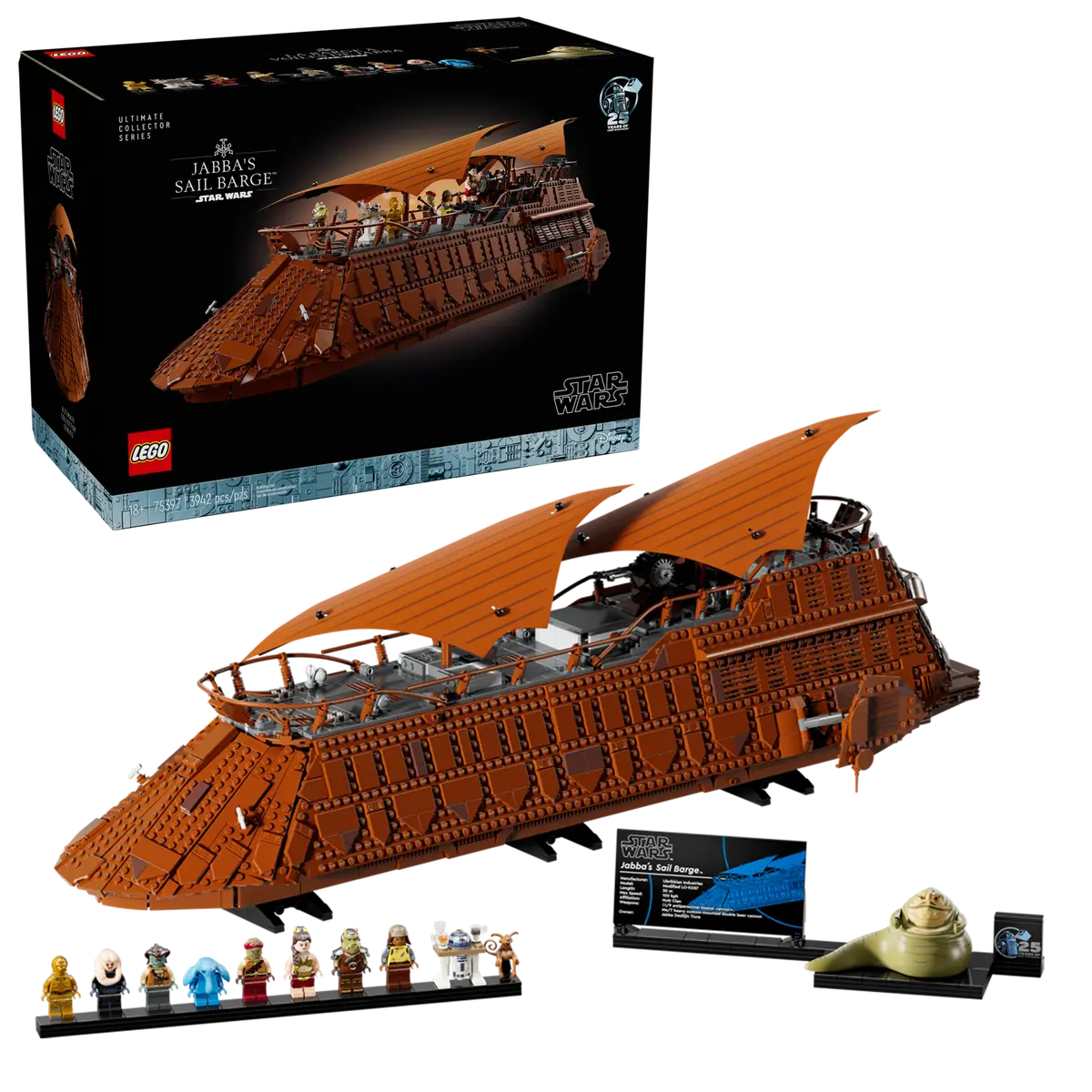 Zestaw Lego Star Wars Jabba's Sail Barge. Widoczny jest karton, zbudowana barka, figurki i Jabba the Hutt.