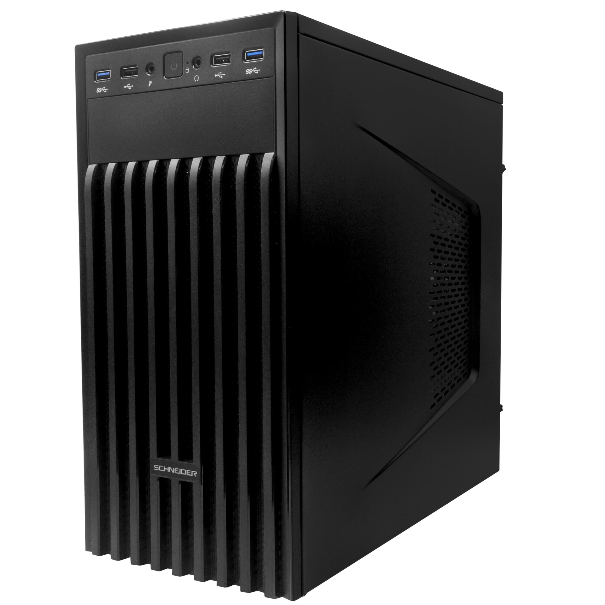 Czarna obudowa komputera z pionowymi liniami i otworem wentylacyjnym z boku, widok z boku.