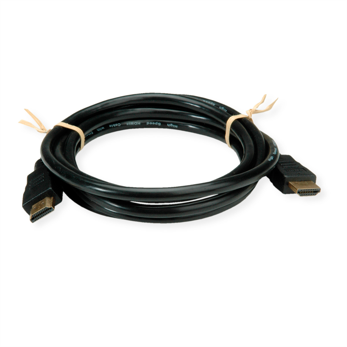 Schwarzes HDMI-Kabel, gewellt. Es ist mit Gummibändern gebunden. Beide Enden haben HDMI-Anschlüsse.