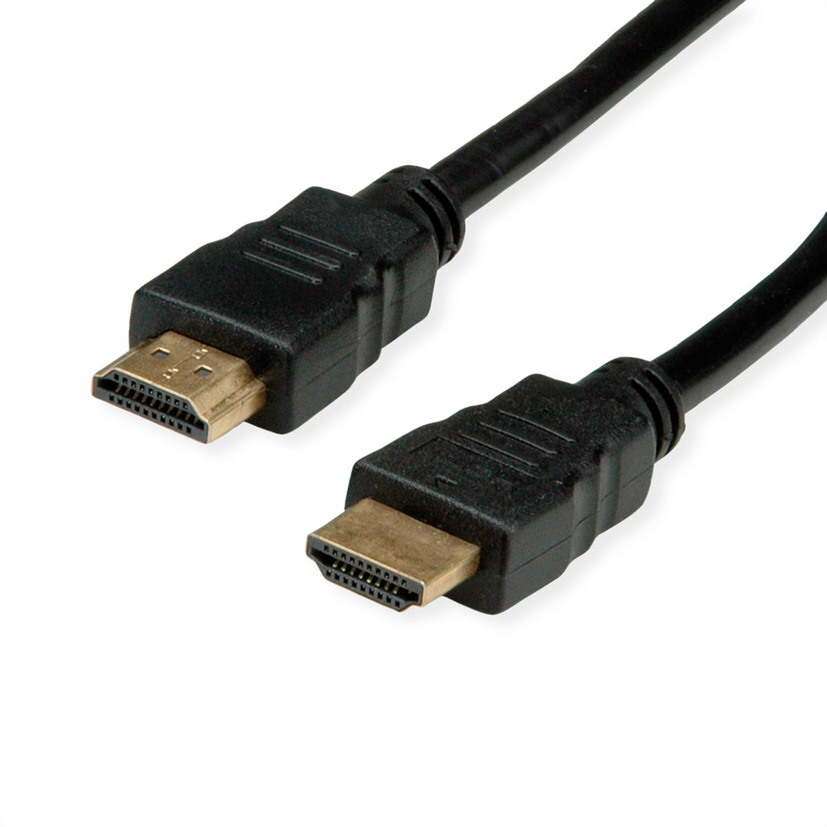 Schwarzes HDMI-Kabel mit zwei Steckern auf weißem Hintergrund, das goldene Stifte im Inneren zeigt.