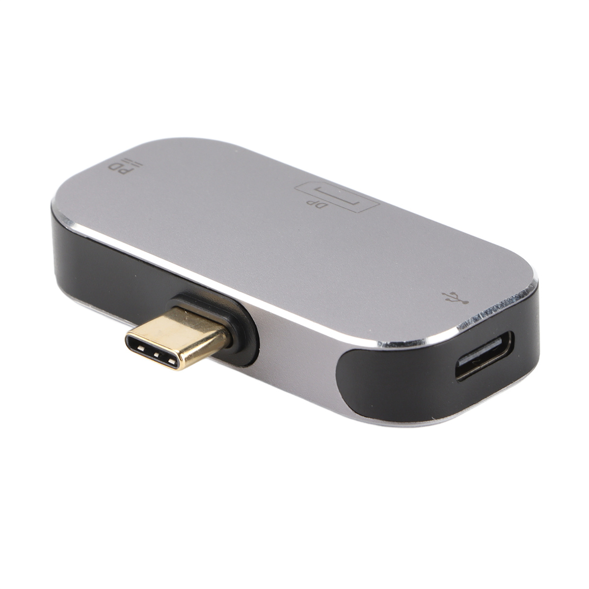 Silberner und schwarzer USB-C-Hub mit mehreren Anschlüssen. Er liegt auf einer weißen Oberfläche.