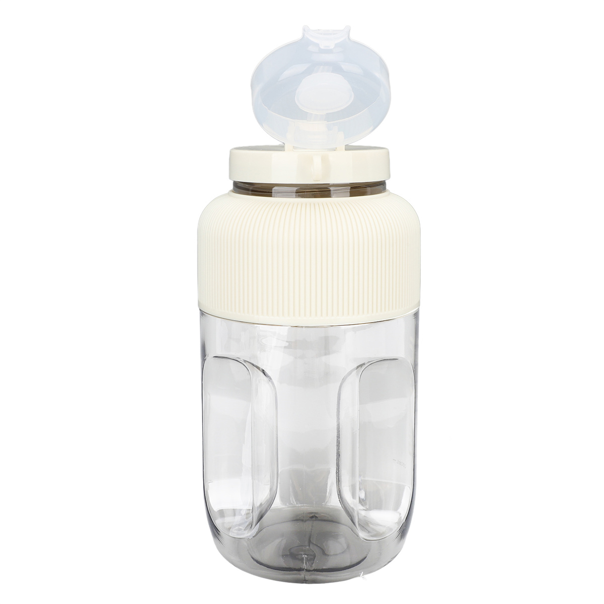 Eine transparente Plastikwasserflasche mit weißem Deckel und transparentem Körper. Die Flasche hat einen Klappdeckel.