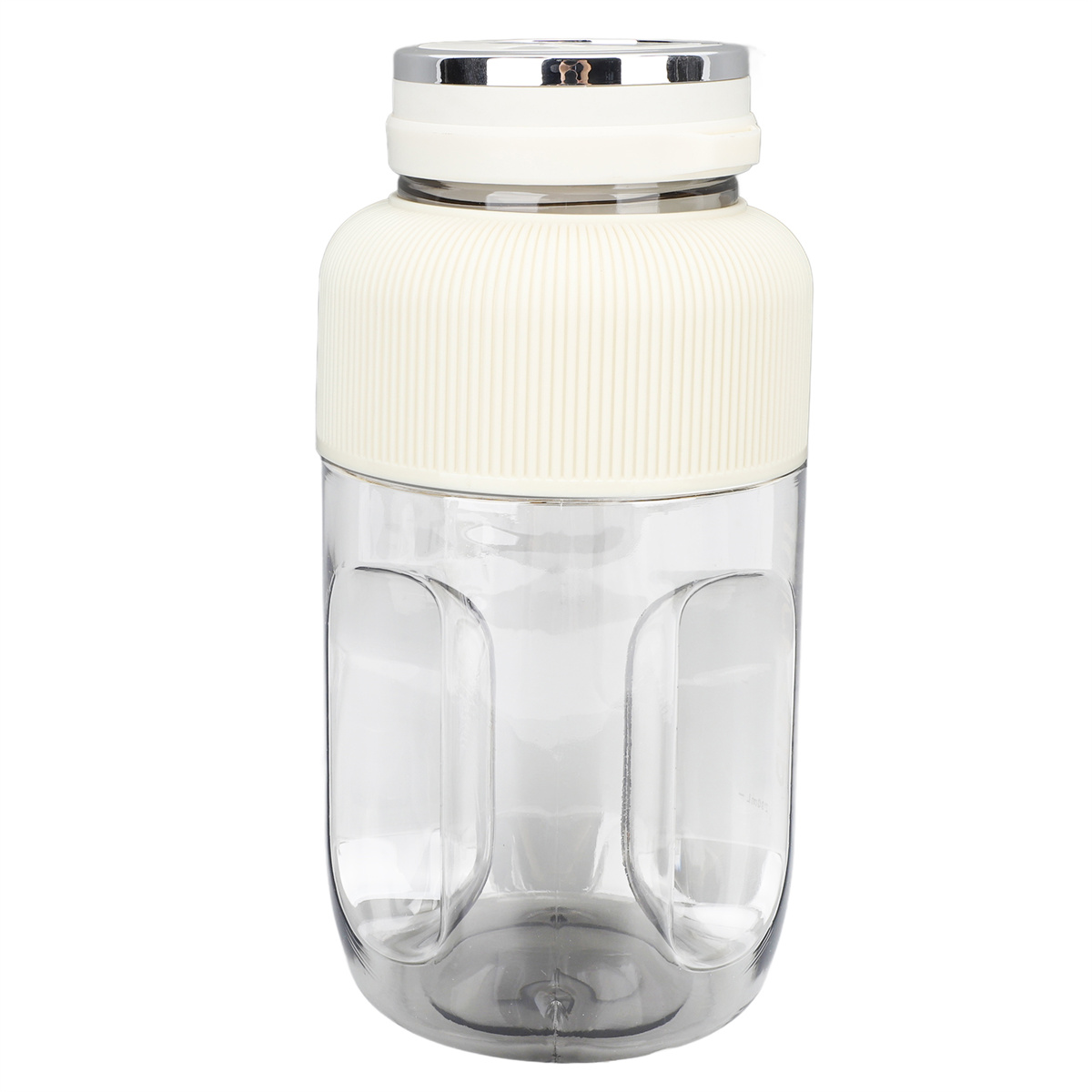 Eine transparente Flasche mit weißem Deckel und weißem gerippten Abschnitt. Die Flasche ist leer.