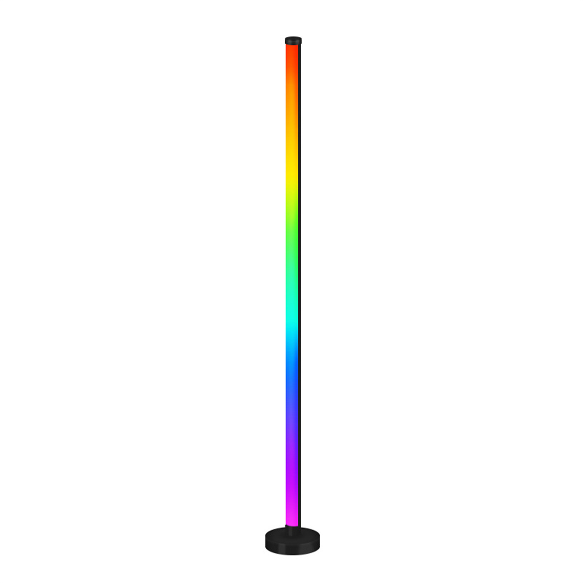 Eine hohe, bunte LED-Eckleuchte mit schwarzem Sockel auf weißem Hintergrund.