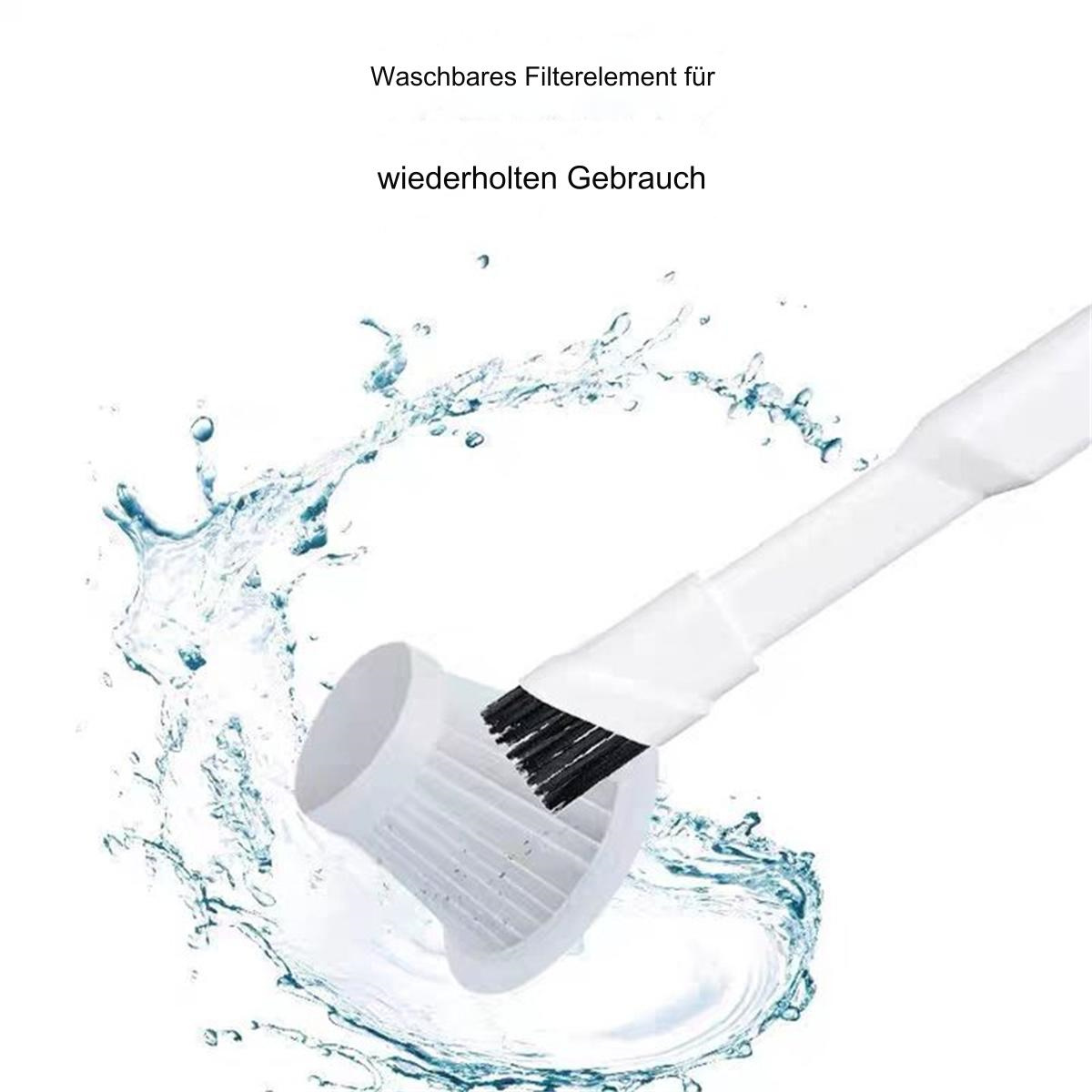 Eine Bürste reinigt einen Filter in Wasser mit dem Text 'Waschbares Filterelement für wiederholten Gebrauch'.