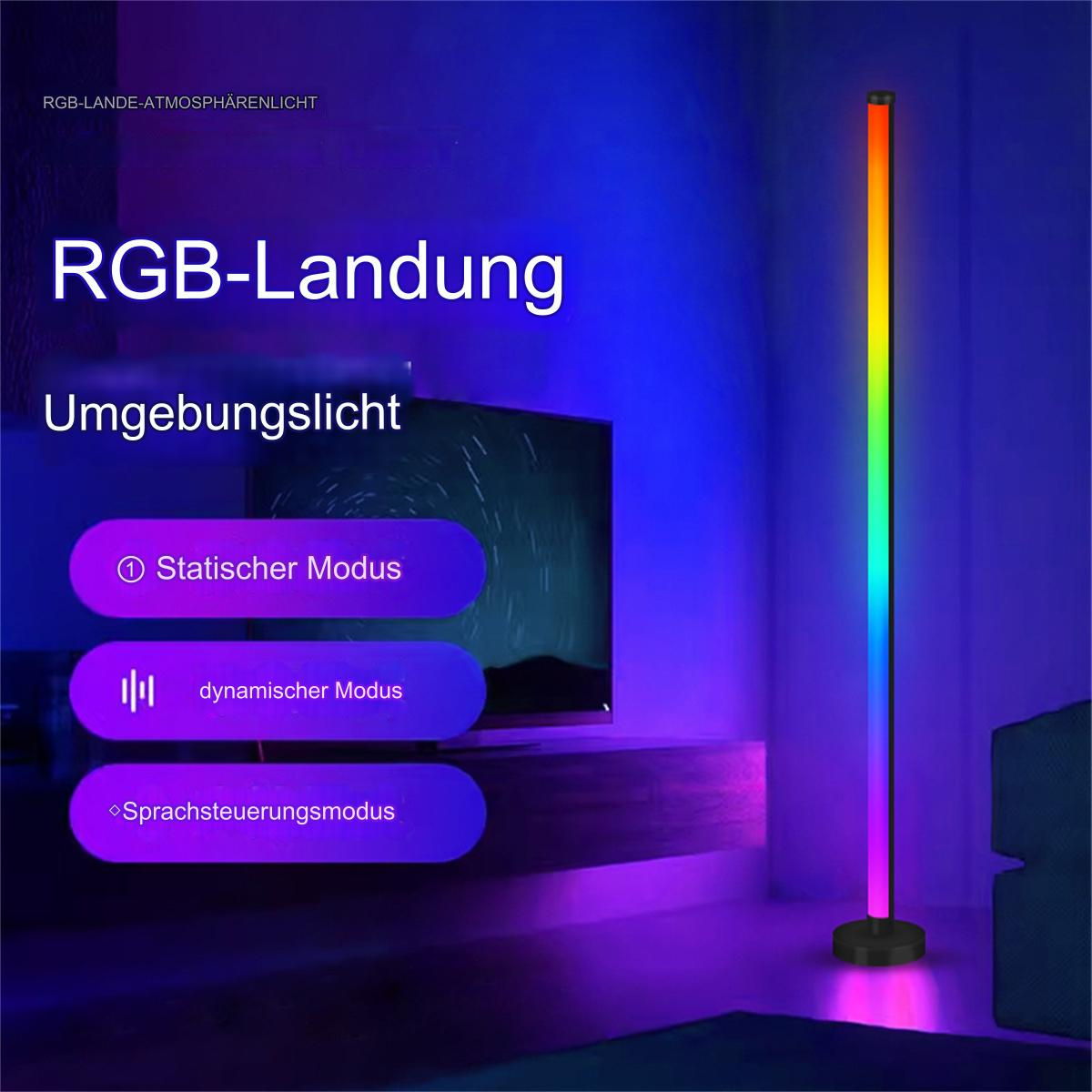 Eine hohe, farbenfrohe LED-Stehlampe. Die Lampe strahlt ein Farbspektrum aus. Text auf Deutsch ist sichtbar.