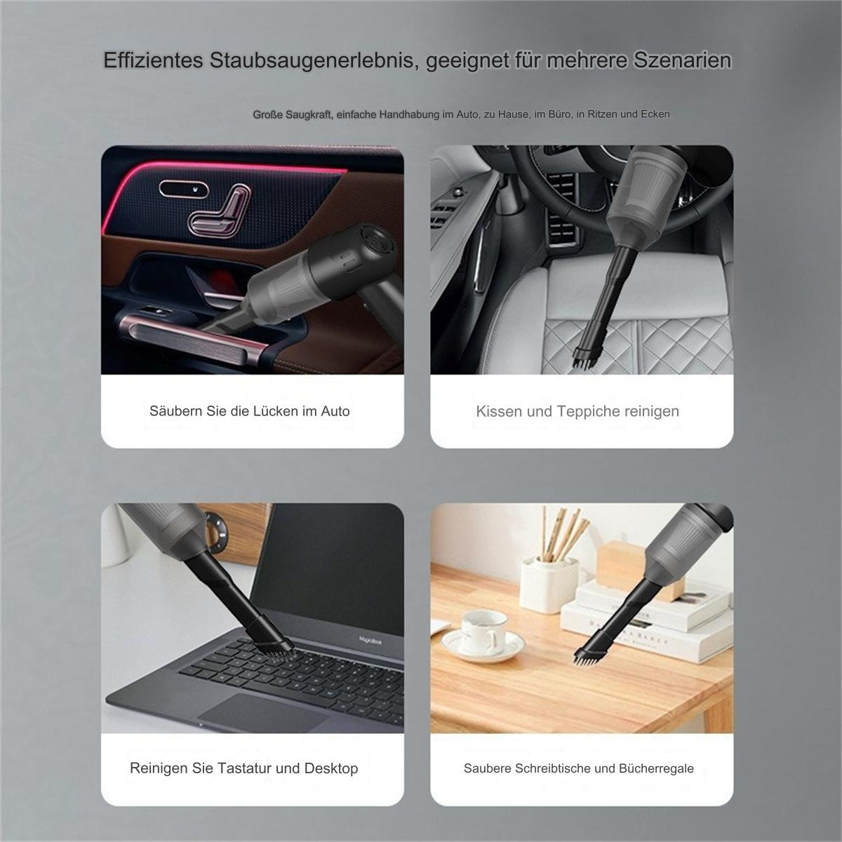 Bilder, die Anwendungsfälle eines Staubsaugers zeigen: Autolücken, Teppichreinigung, Tastatur und Schreibtisch/Bücherregale.