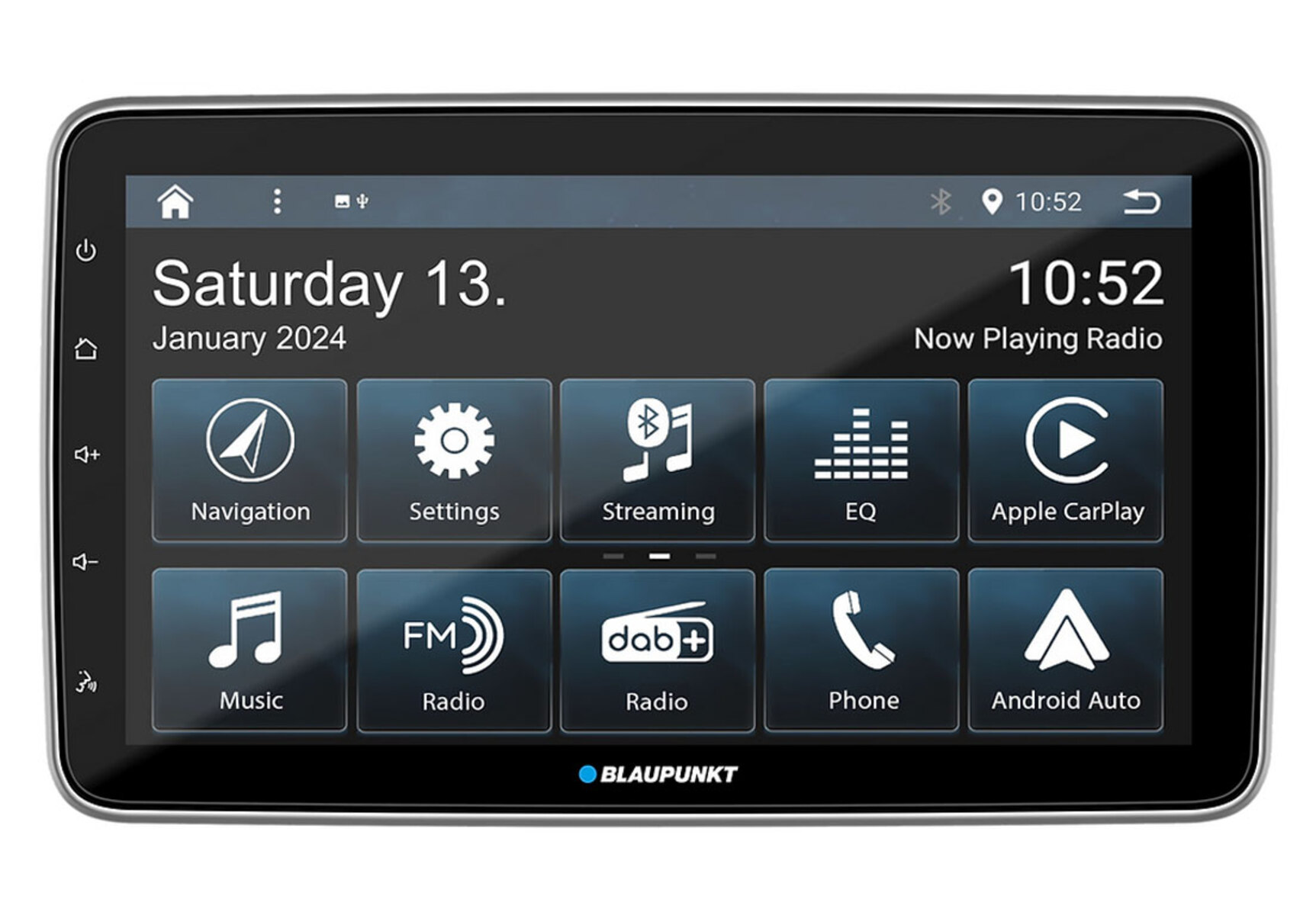 Ein Autoradio-Hauptgerät mit Touchscreen-Display mit Navigations-, Radio- und Telefonsymbolen.