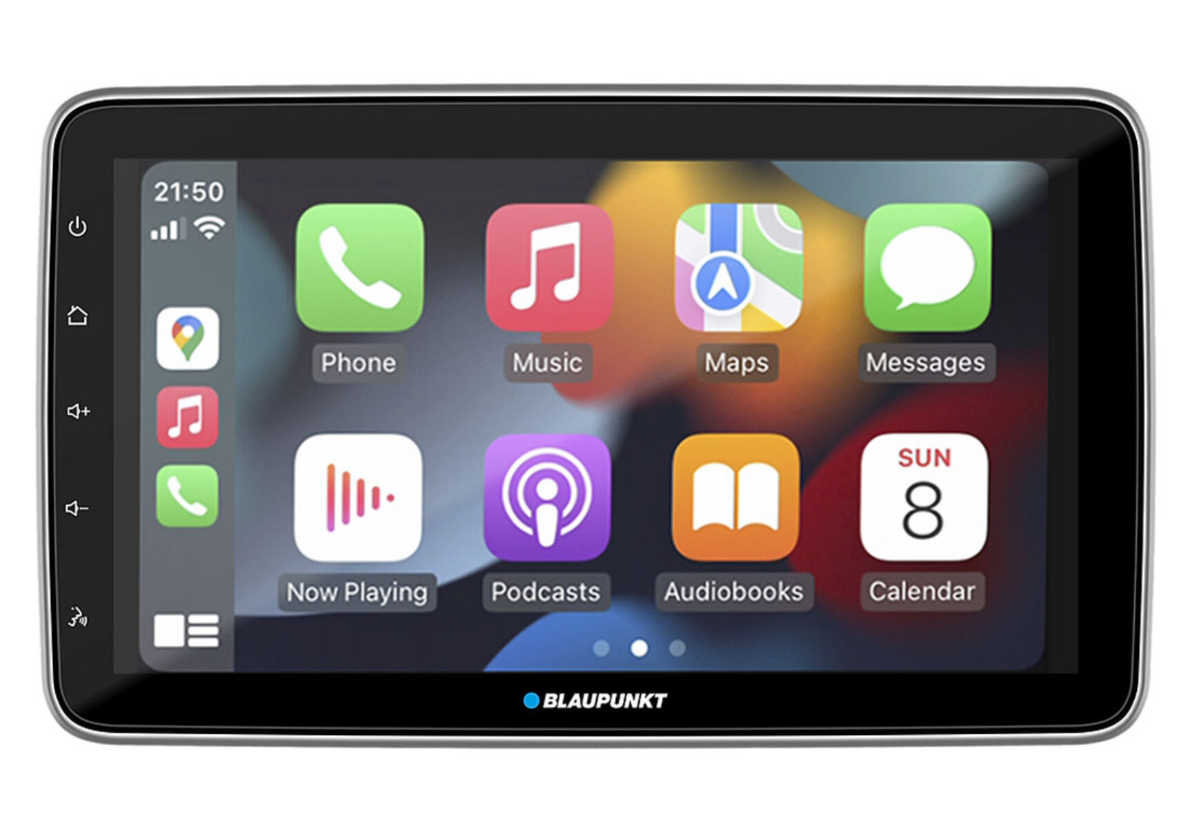 Armaturenbrett des Autos mit einem Bildschirm, der eine Navigationskarte und App-Symbole anzeigt.