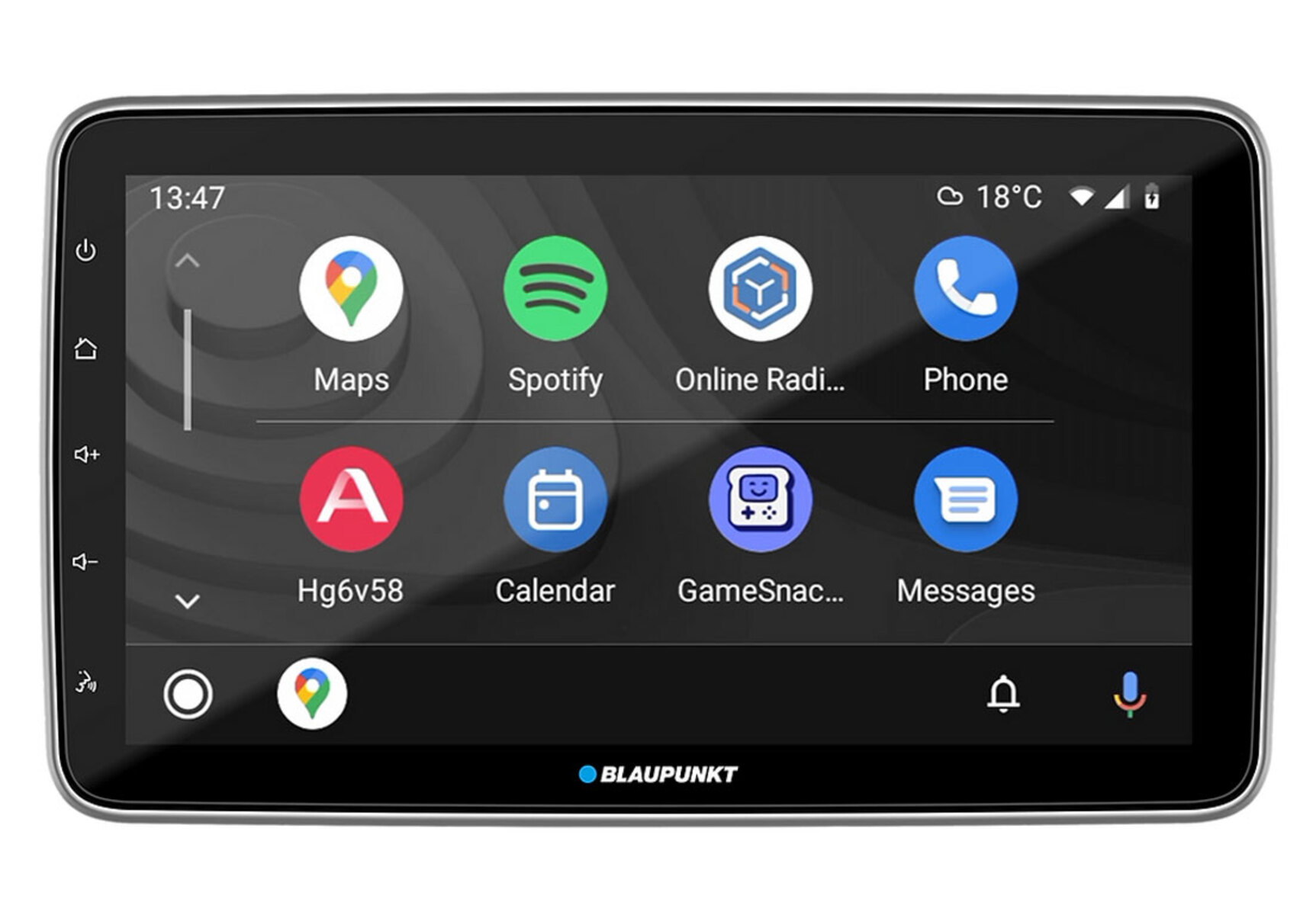 Ein Autoradio-Bildschirm mit App-Symbolen wie Maps, Spotify und Nachrichten.