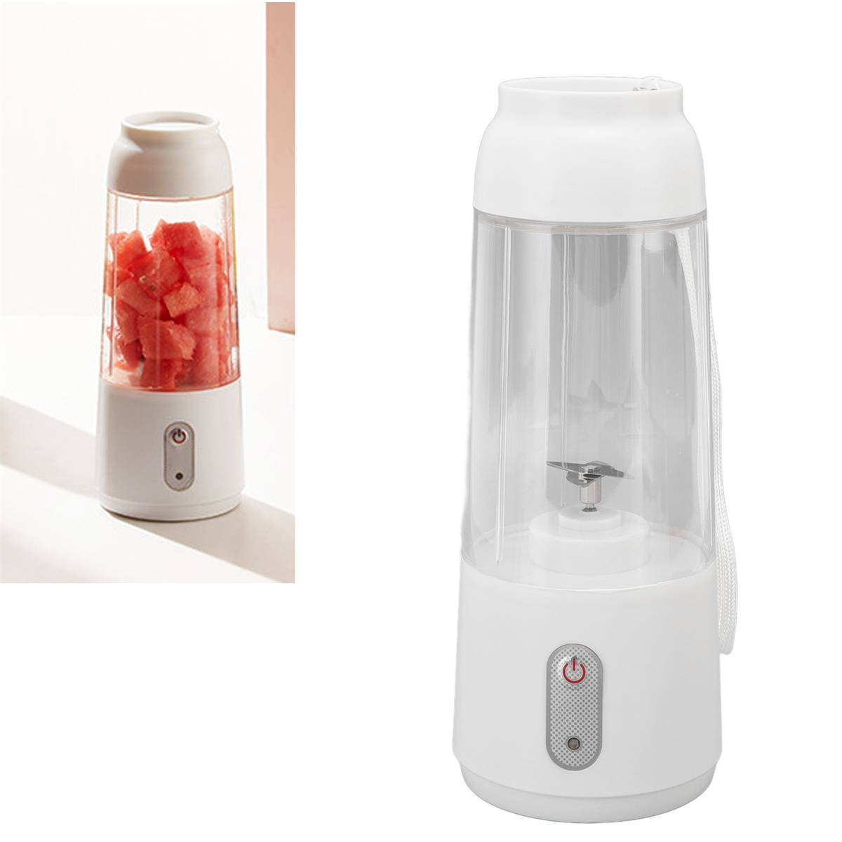 Tragbarer Mixer mit Wassermelone im transparenten Behälter und Mixer rechts.