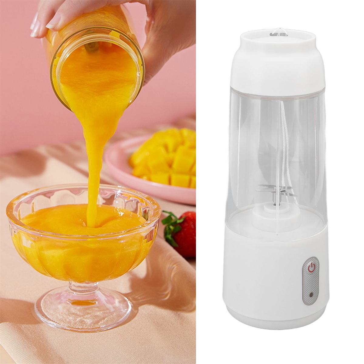 Mangosaft wird in ein Glas gegossen. Rechts ist ein weißer Mixer. Es gibt einen Teller mit Mangos und eine Erdbeere.