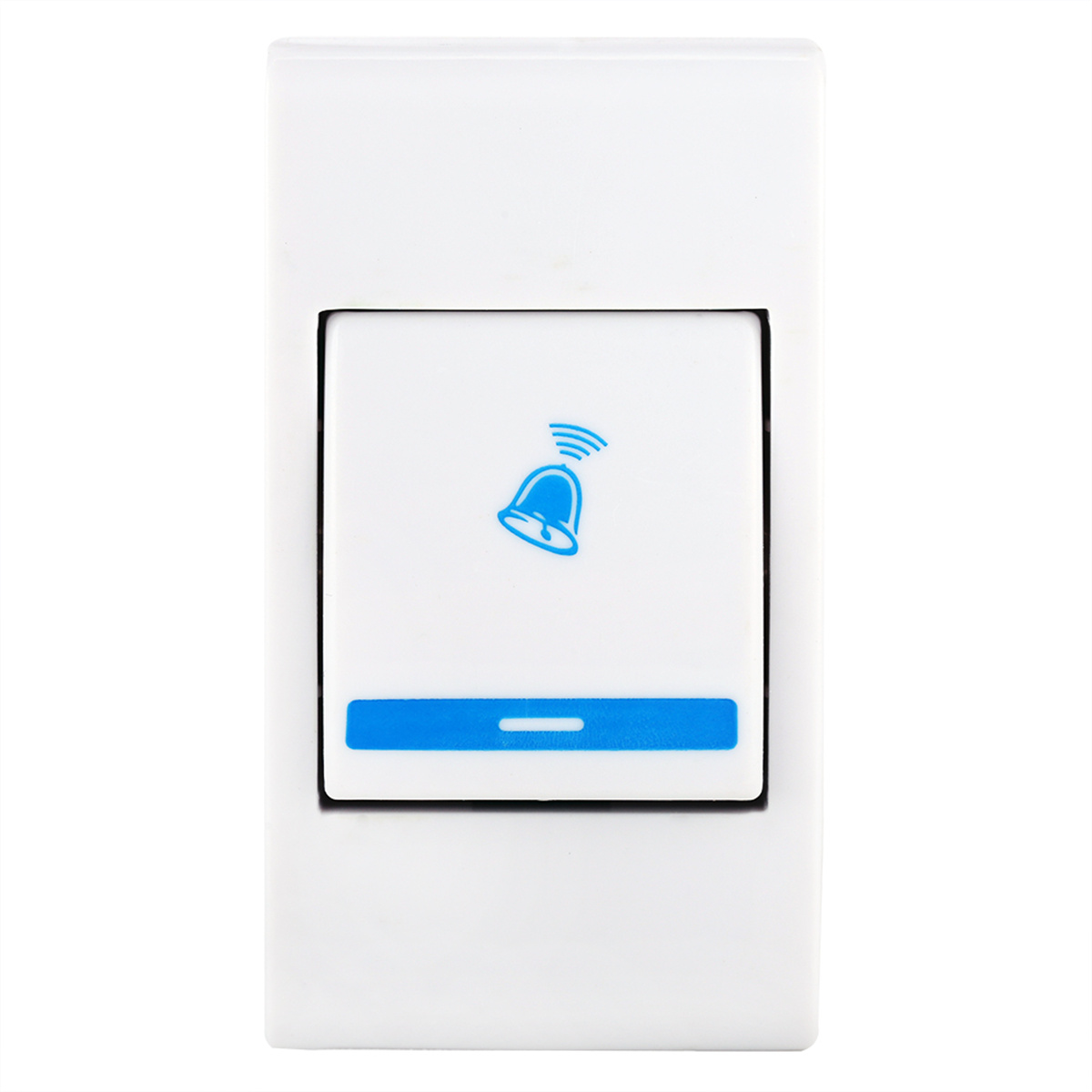 Weiße Türklingel mit blauem Glockensymbol in der Mitte und einer blauen Linie unten.