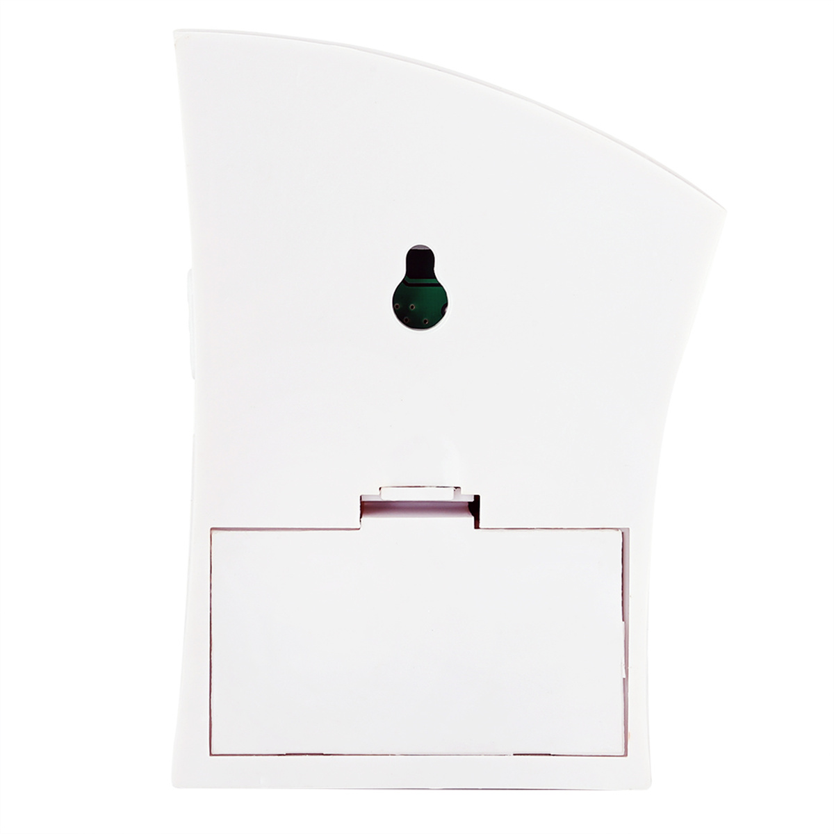 Ein weißes Wandgerät mit geschwungenem Design, mit schwarzem Haken und Batteriefach.