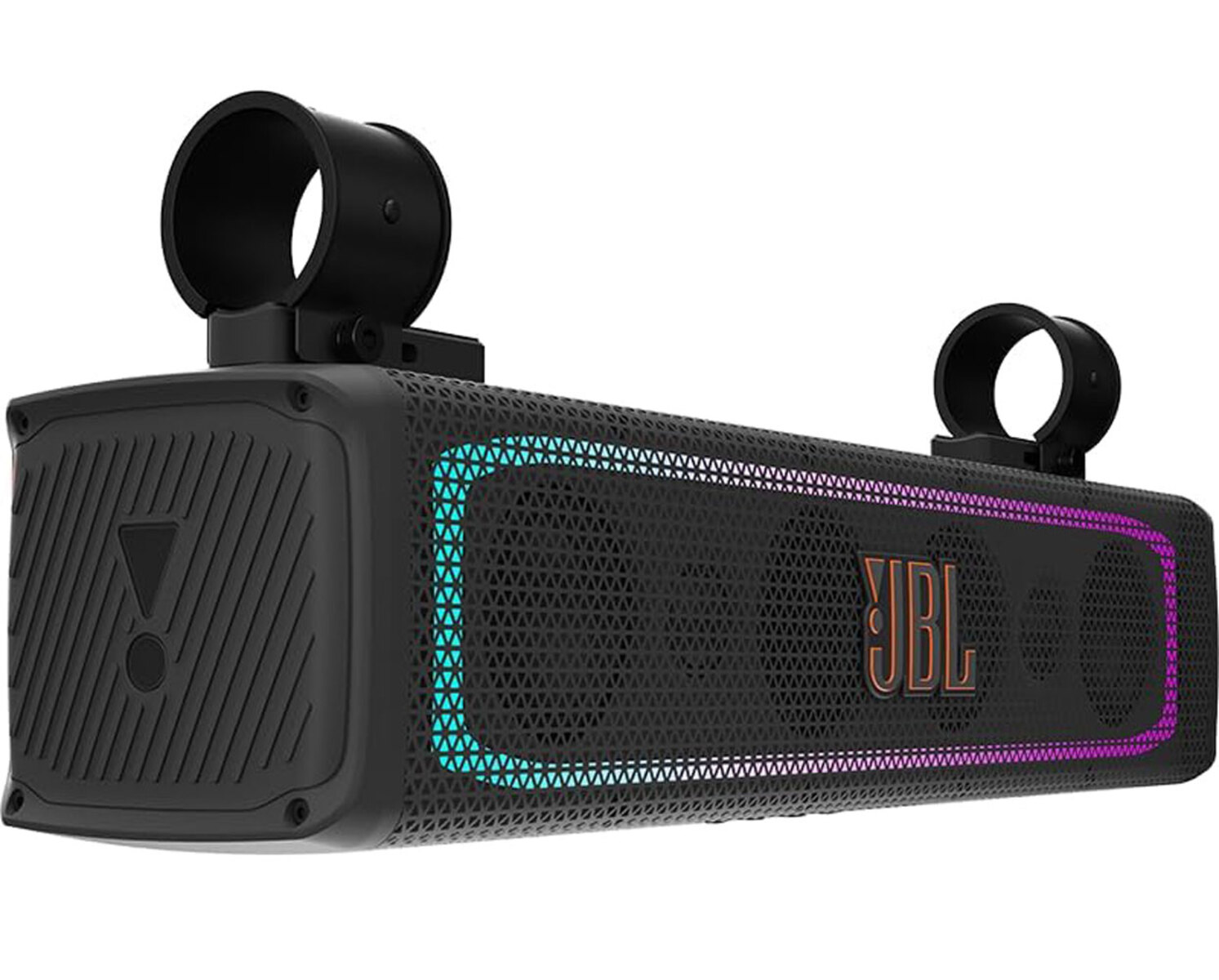 Black JBL speaker with blue and pink lights. It has mounting rings and a mesh surface.