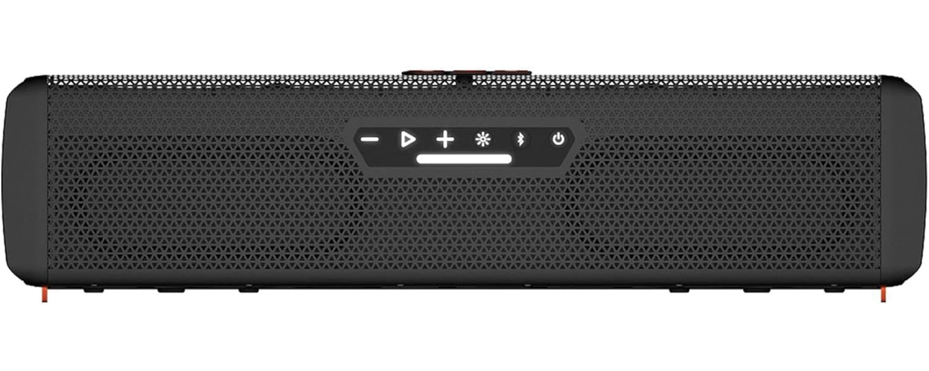 Black soundbar with buttons and a grid-like design. The background is a plain white.