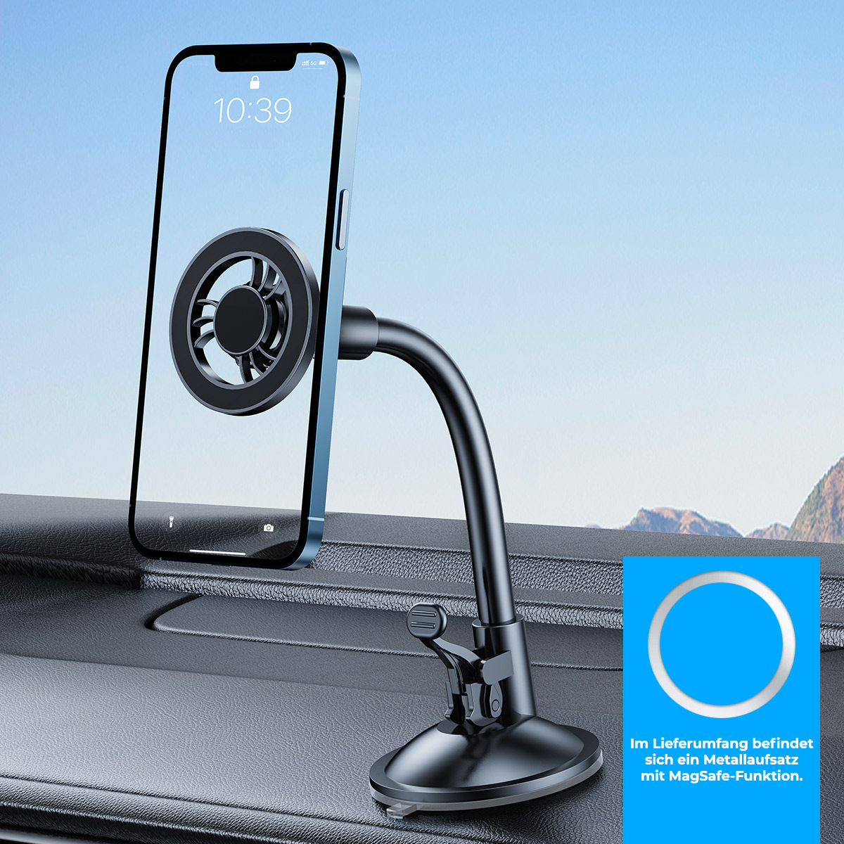 Metal bir halka ile bir arabanın gösterge paneline monte edilmiş bir telefon.