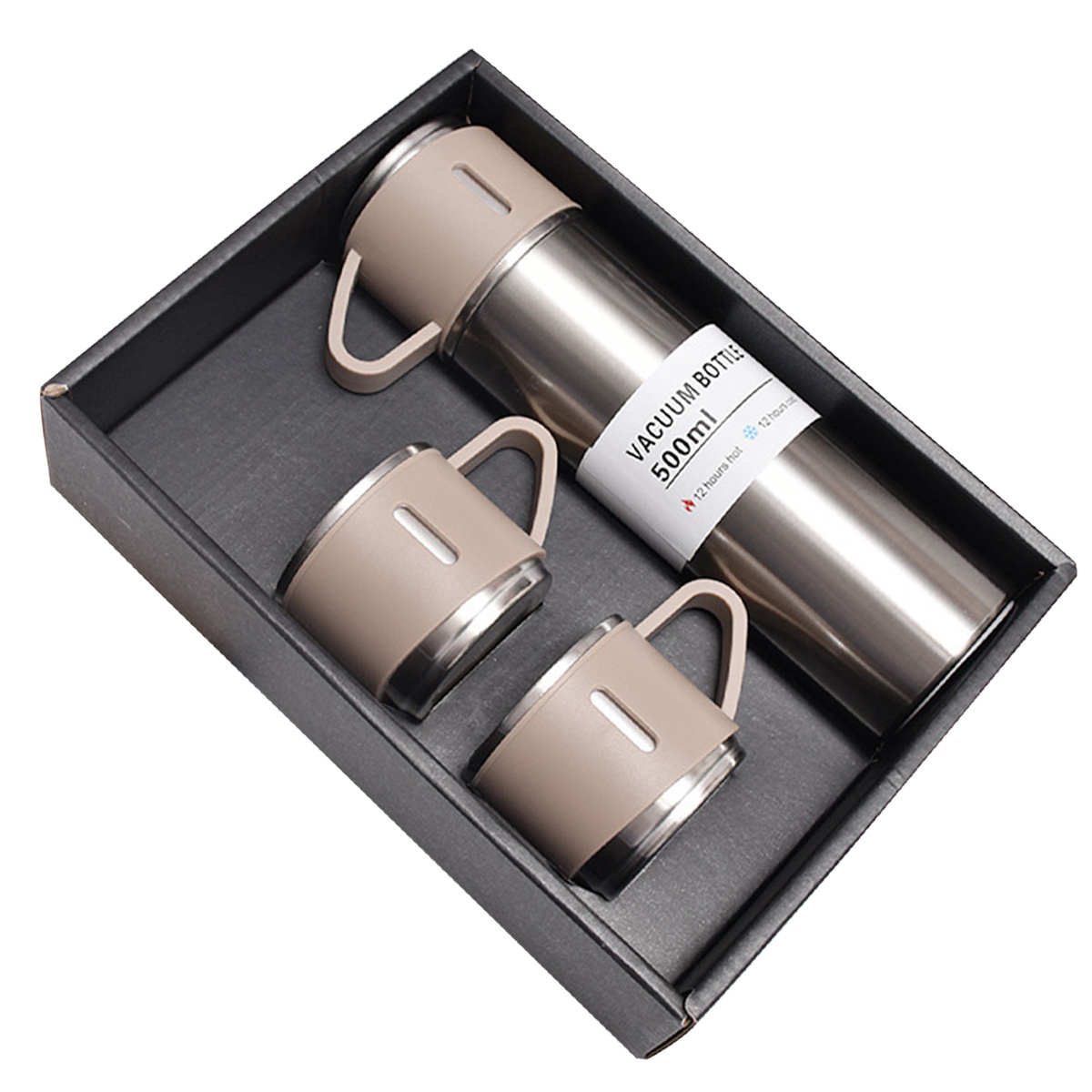 Vakuumflasche und zwei Tassen in einer Box. Beige und Silber. Schwarze Box.