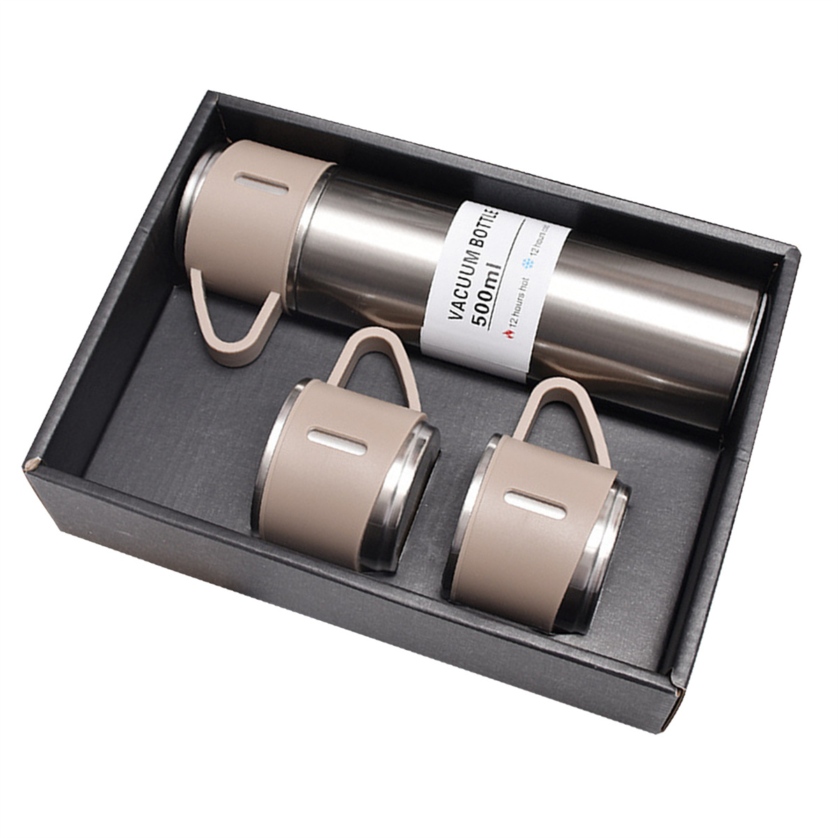Set aus einer Vakuumflasche, zwei Bechern in einer schwarzen Box und einem Etikett.