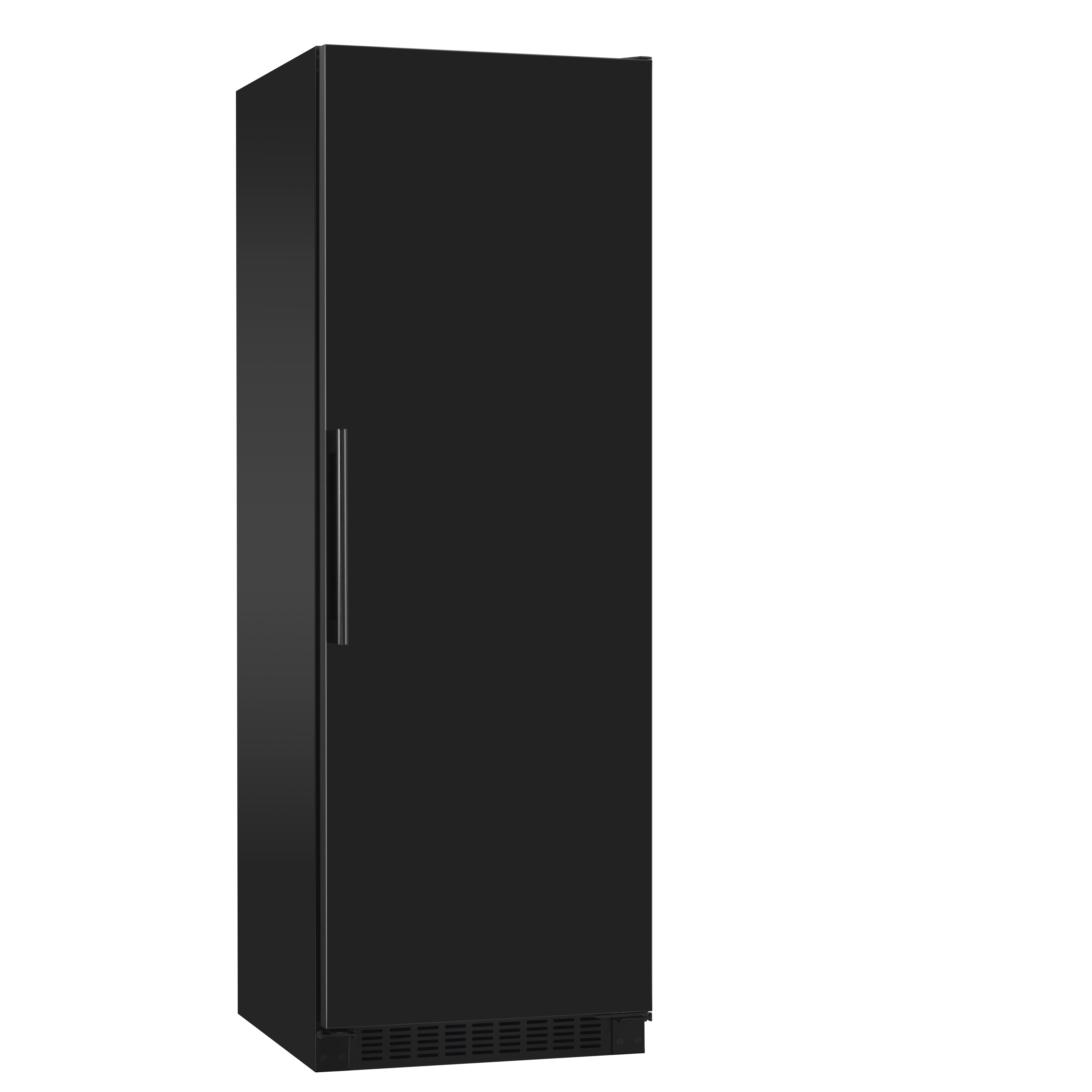 Ein schwarzer Kühlschrank mit vertikalem Griff und einem schlanken, modernen Design. Weißer Hintergrund.