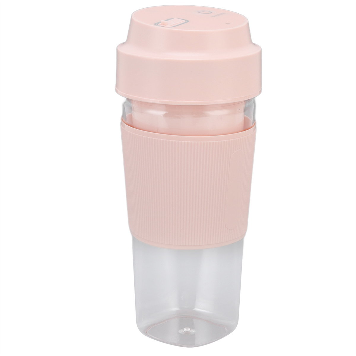 Rosa und klarer Smoothie-Mixer. Rosa oben, klar in der Mitte, klar unten. Weißer Hintergrund.