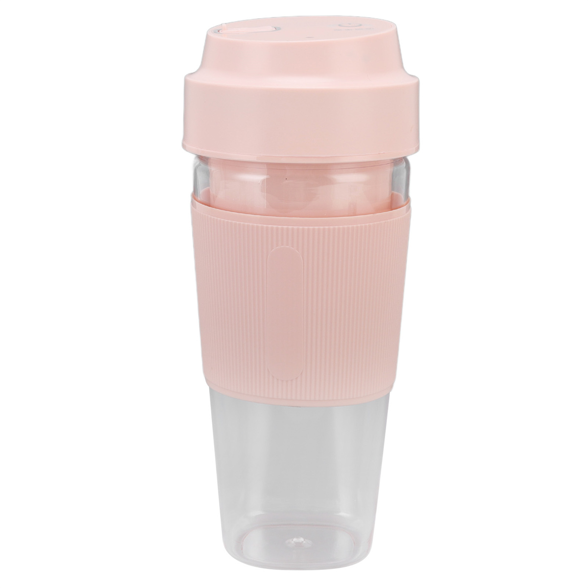 Ein rosa-transparenter Kunststoffmixer. Er hat einen rosa Deckel und einen transparenten Becher.