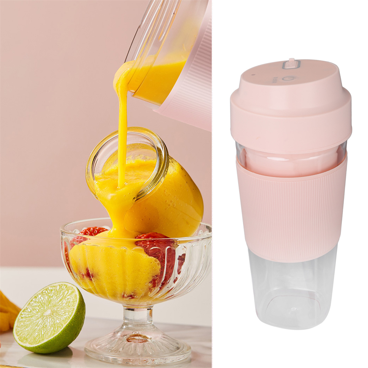 Ein Mixer, der gelbe Flüssigkeit in eine Glasschale mit Früchten und einer Limette gießt.