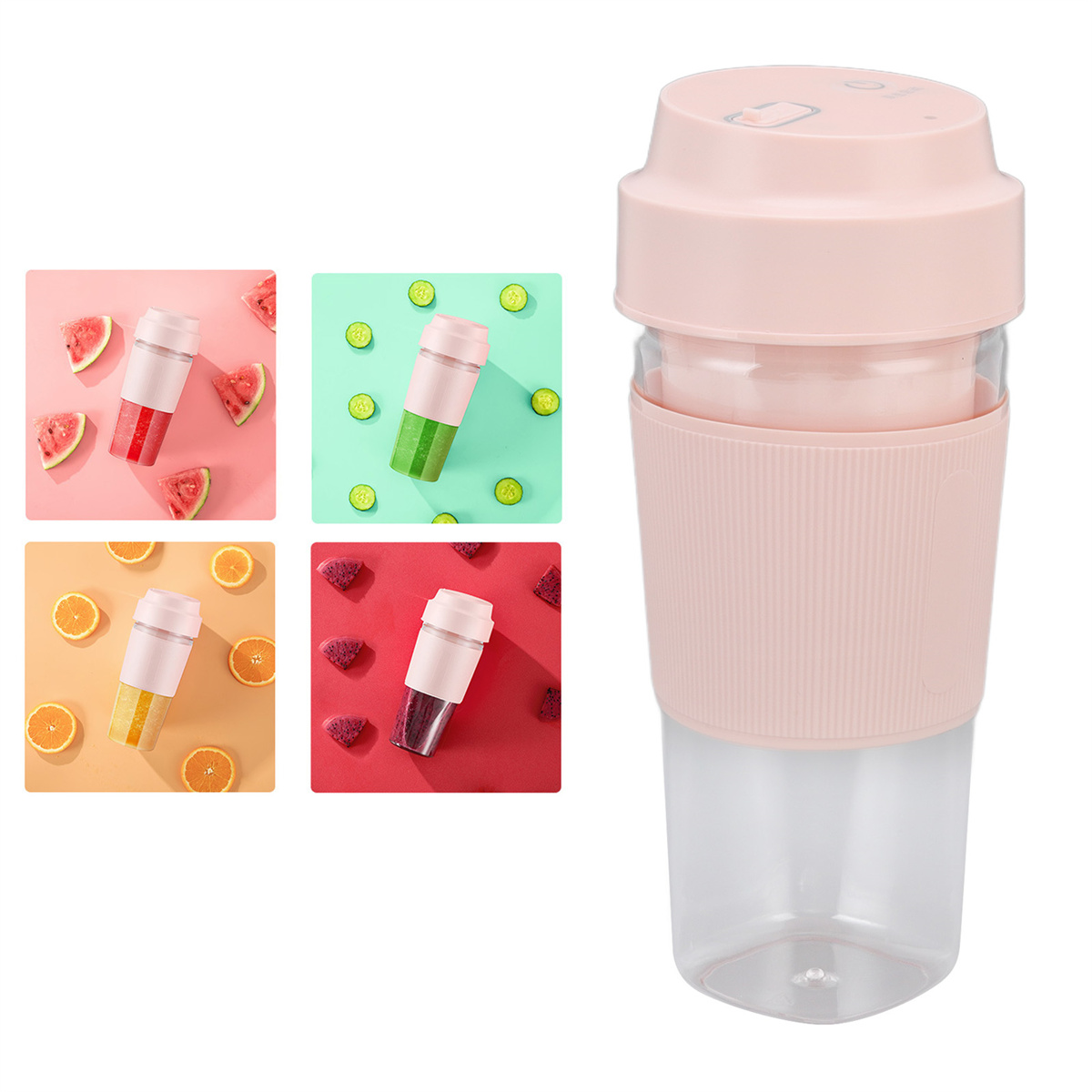 Rosa-klarer Mixer mit mehreren kleinen Bildern von gemischten Früchten, weißer Hintergrund.