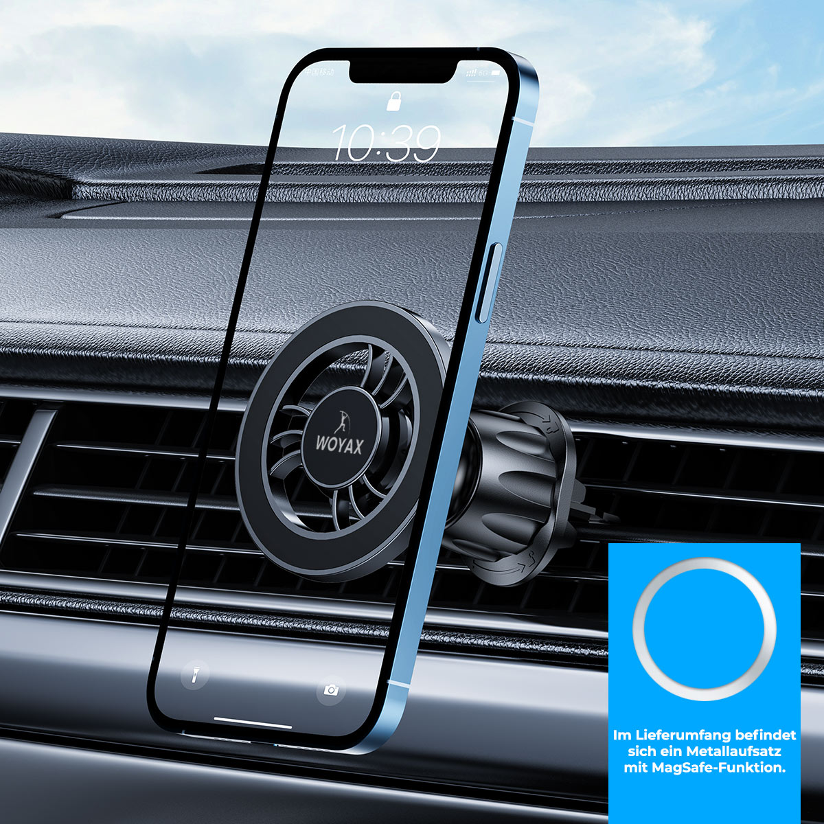 Bir mıknatıs tutucu ile bir araba havalandırma ızgarasına monte edilmiş bir akıllı telefon, telefonun ekranını gösteriyor.