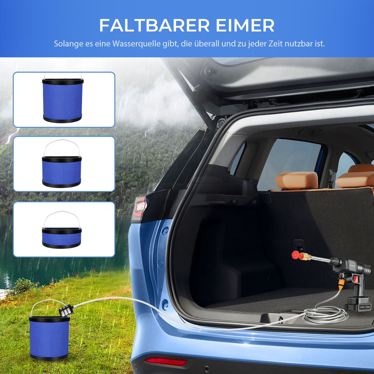 Blauer, zusammenklappbarer Eimer mit schwarzem Rand, in verschiedenen Formen gezeigt, in der Nähe eines Autos mit Schlauch und See.