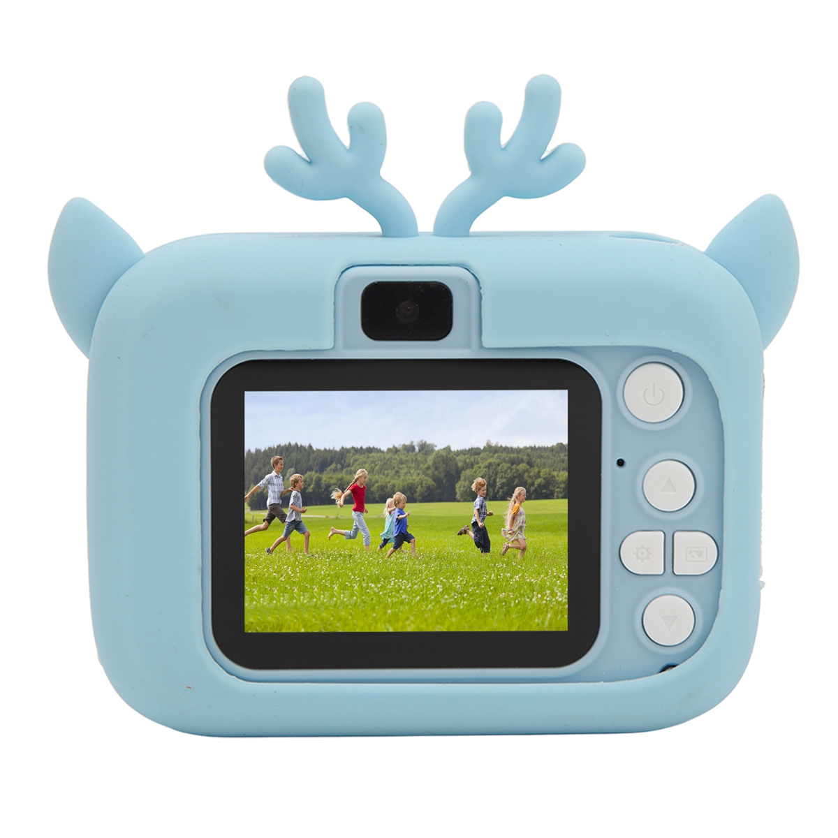 Eine blaue Kamera in Form eines Hirsches mit spielenden Kindern im Hintergrund auf dem Bildschirm.