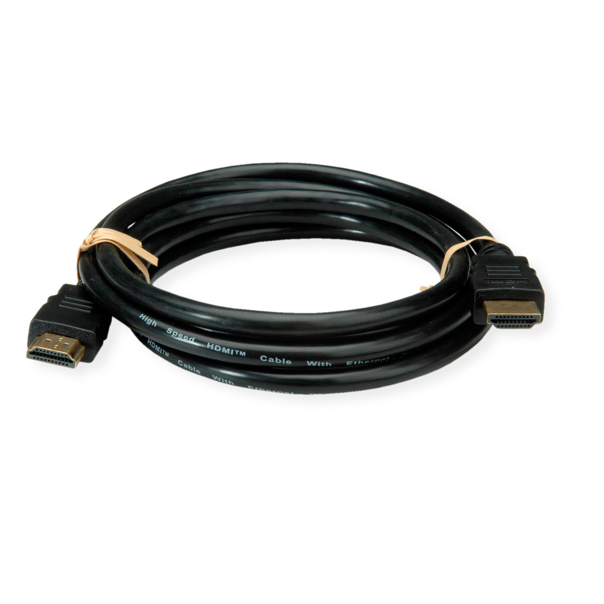 Aufgerolltes schwarzes HDMI-Kabel mit Steckern an beiden Enden, gesichert durch ein beiges Gummiband.
