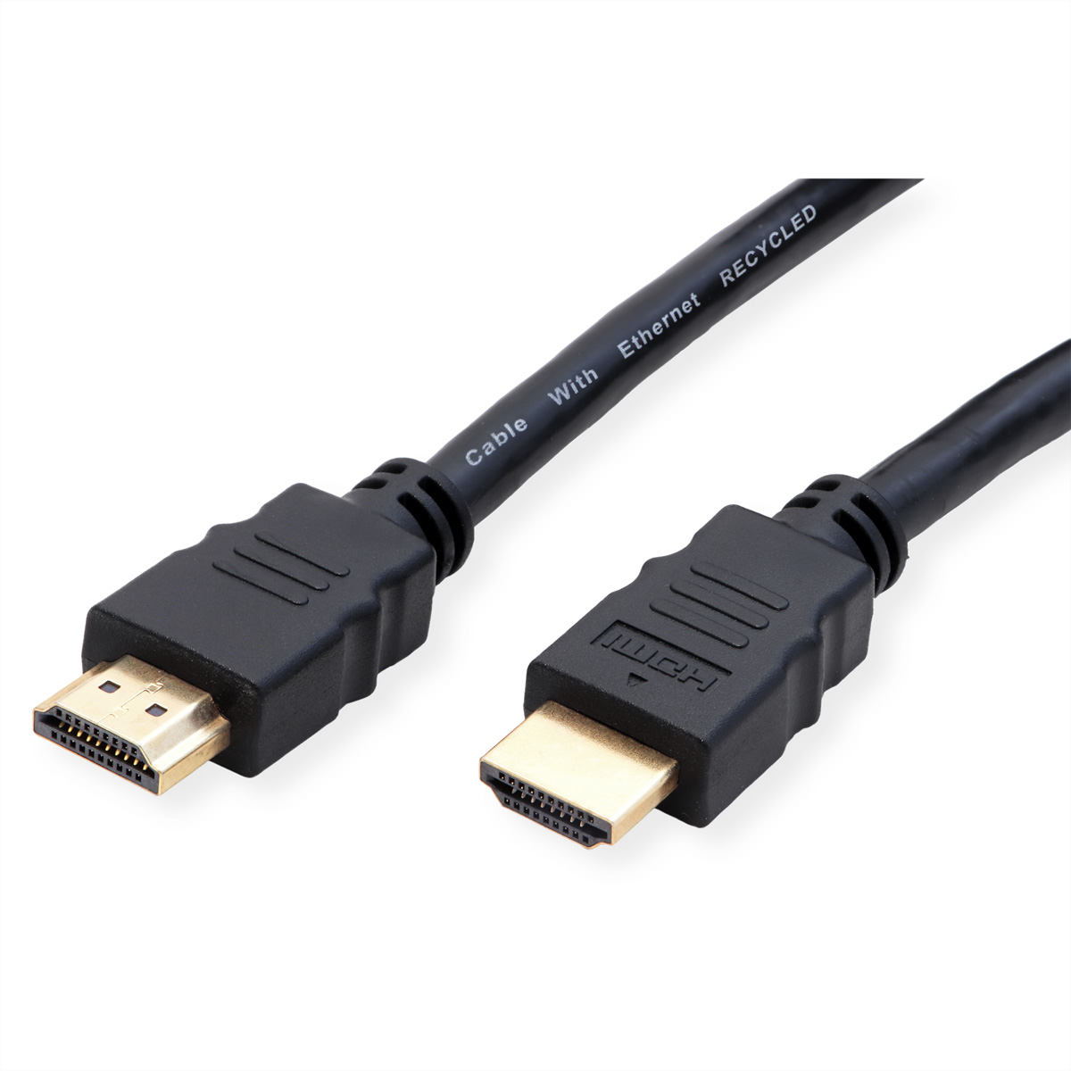 Schwarzes HDMI-Kabel mit Goldsteckern. Das Kabel ist mit „Cable With Ethernet Recycled“ beschriftet.