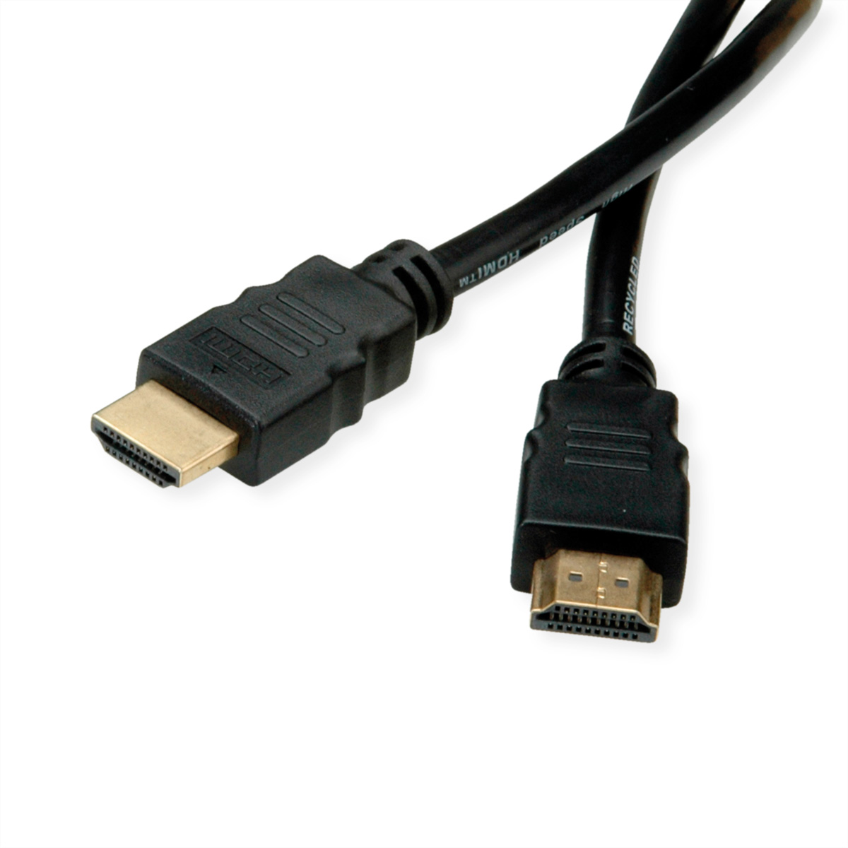 Zwei schwarze HDMI-Kabel auf weißem Hintergrund. Ein Kabel hat einen goldenen Stecker.