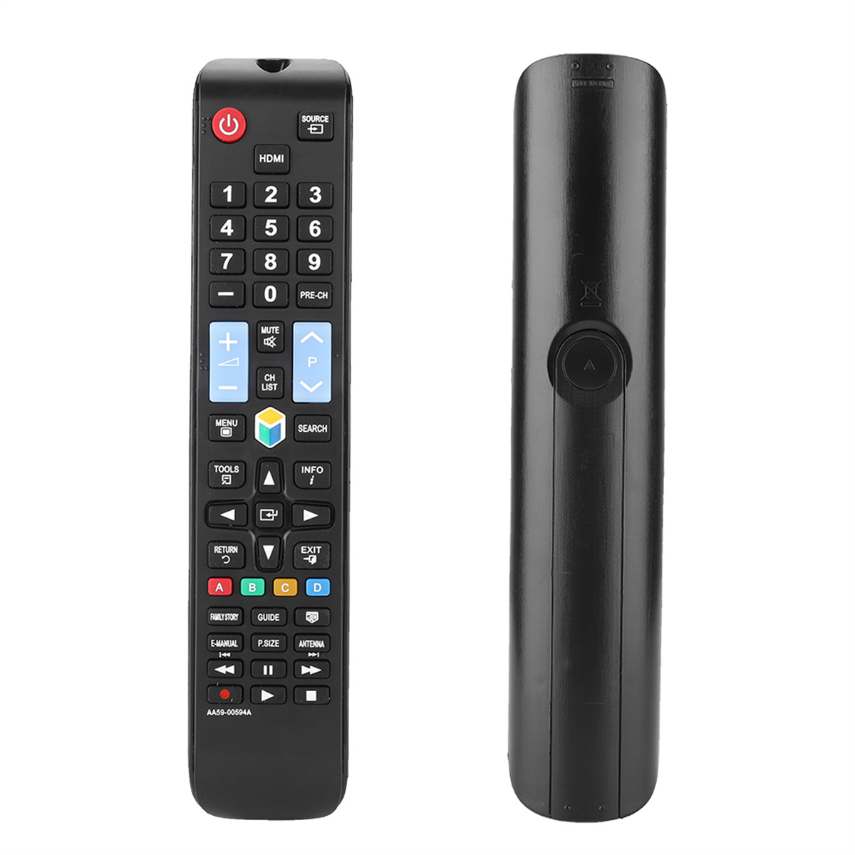 Eine schwarze TV-Fernbedienung mit Knöpfen und einer glatten Rückseite. Zu den Tasten gehören Zahlen, Lautstärke und Ein/Aus.