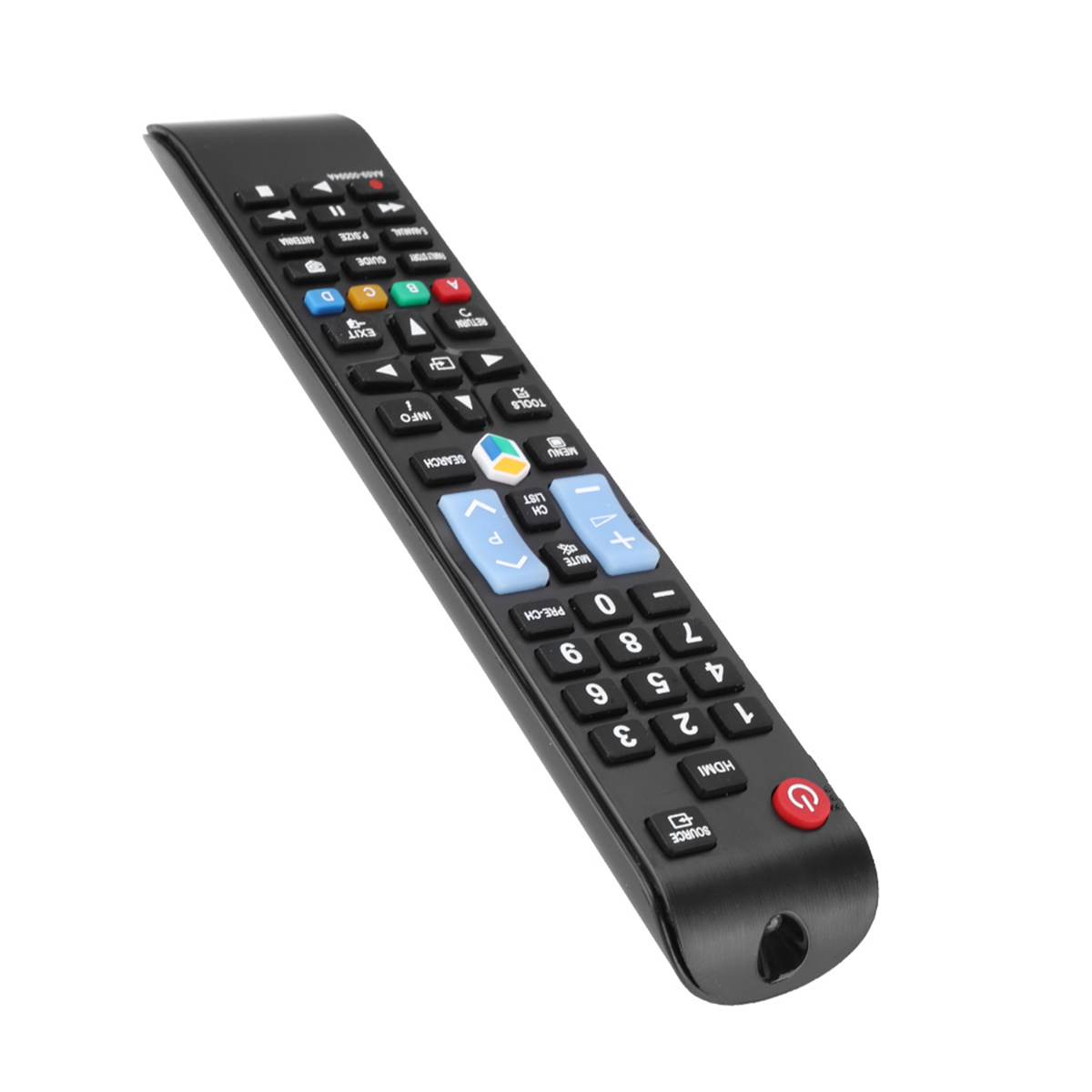 Schwarze TV-Fernbedienung. Zahlreiche Tasten mit Beschriftung. Rote Power-Taste unten.
