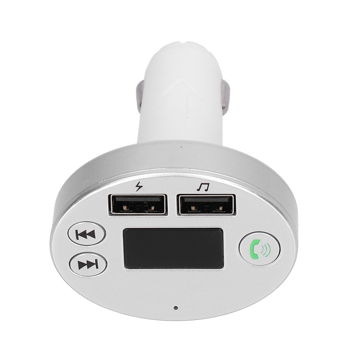 Silbernes Autoladegerät mit USB-Anschlüssen, Funktionstasten und kleinem Display.