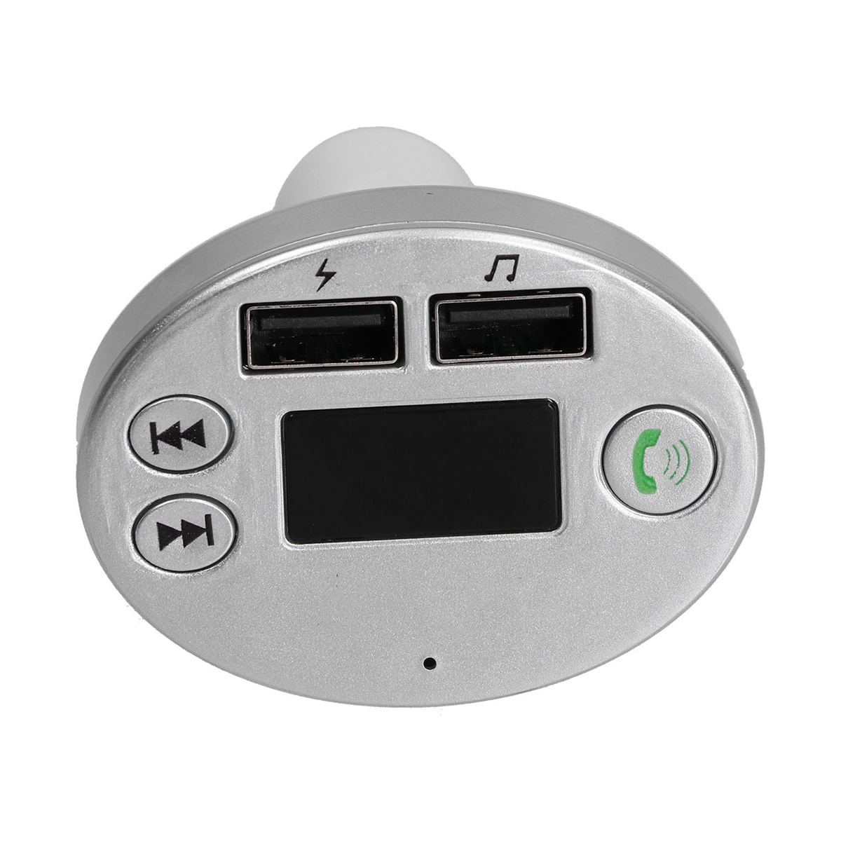 Silberner FM-Transmitter für das Auto mit USB-Anschlüssen und kleinem Bildschirm. Tasten für Musik- und Anrufsteuerung.