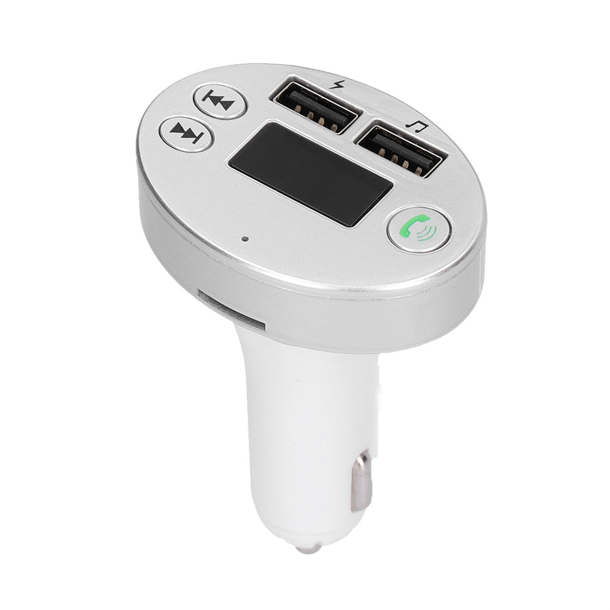Ein silberner Auto-FM-Transmitter mit USB-Anschlüssen, Tasten und Display.