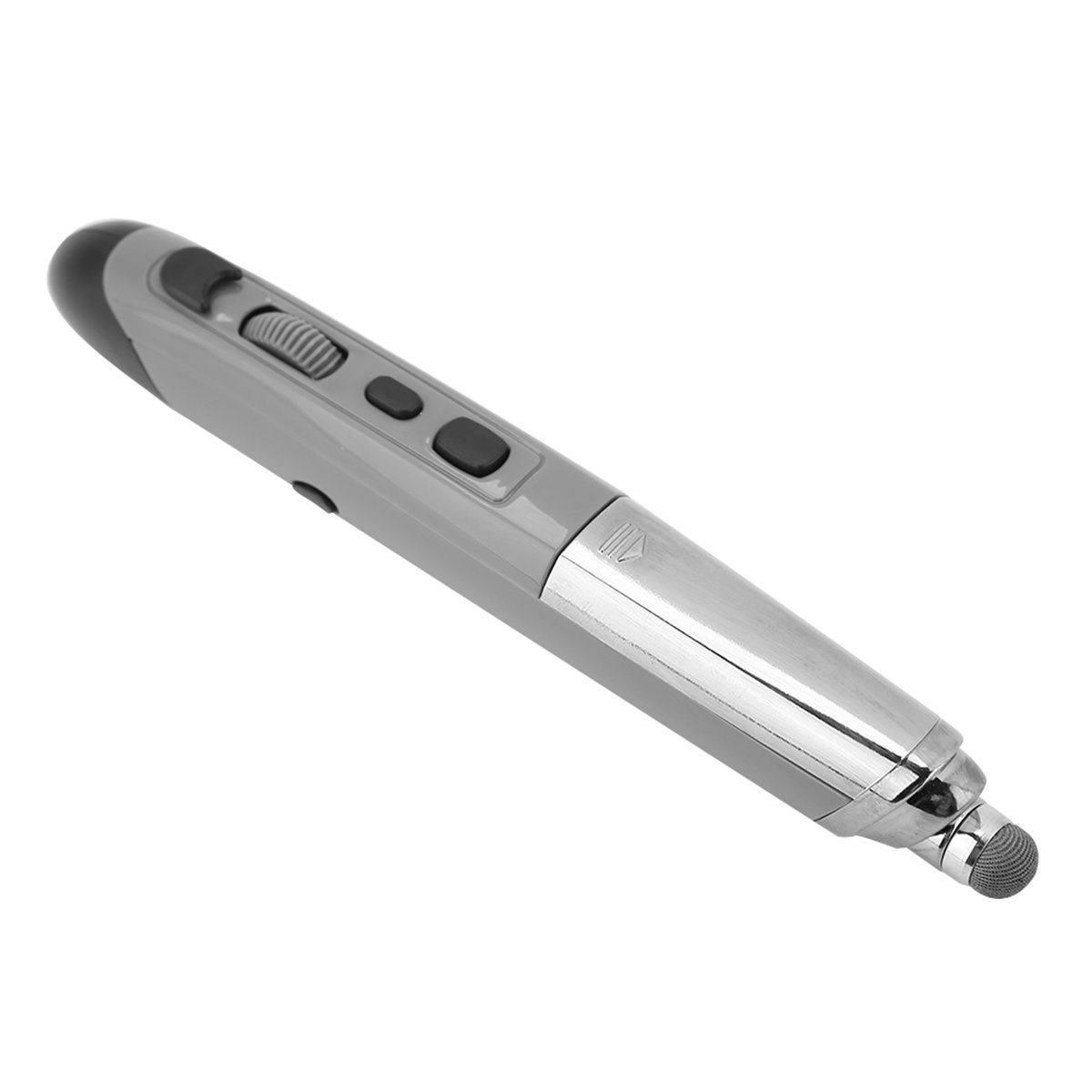 Grauer Stift mit Knöpfen und silberner Spitze. Er liegt schräg auf einer weißen Oberfläche.
