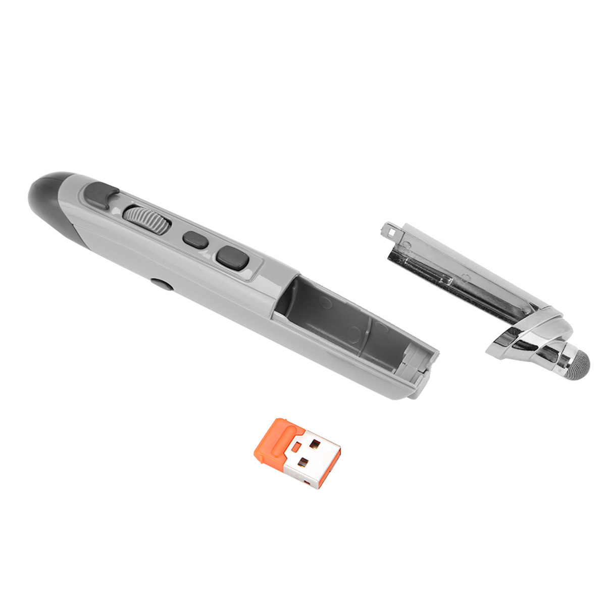 Ein grauer Stift mit USB-Empfänger und Fach dafür, alles vor weißem Hintergrund.